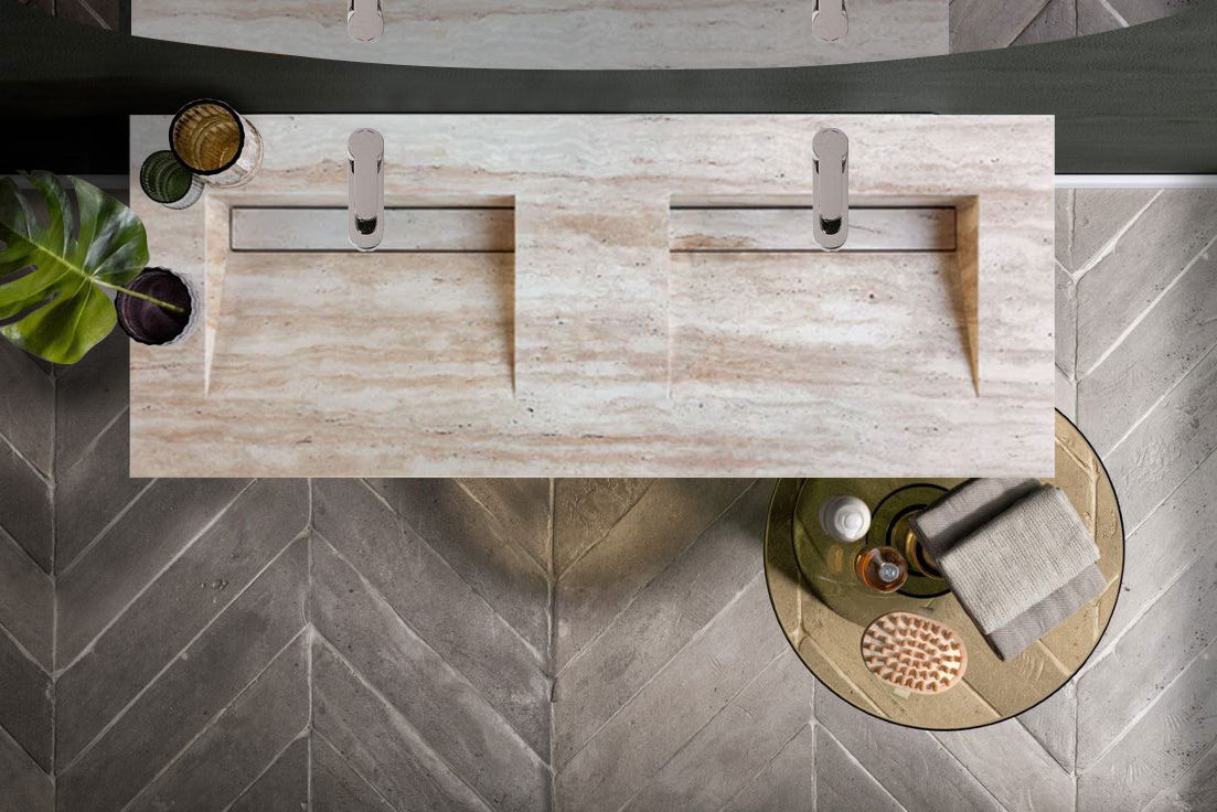 Beige Vein-Cut Travertine Double Bathroom Vanity Top Sink - (W)23" (L)60" (H)5.5" by GobekDesign