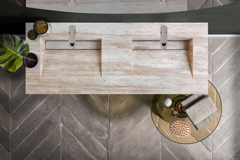 Beige Vein-Cut Travertine Double Bathroom Vanity Top Sink - (W)23" (L)60" (H)5.5" by GobekDesign