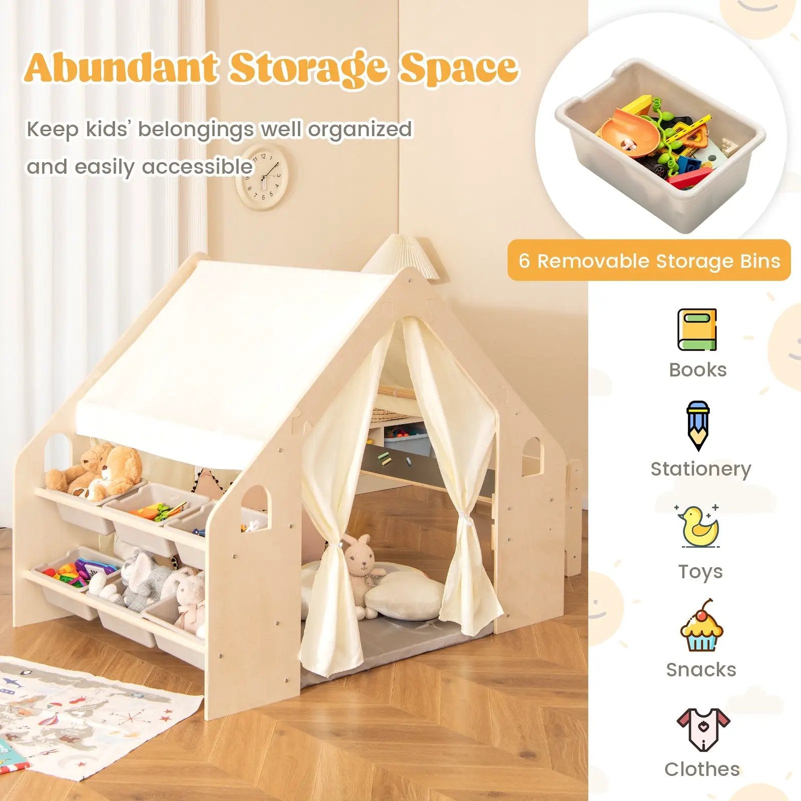 6-in-1 Kids Play Tent Playhouse with Blackboard 6 Storage Bins and Floor Cushion-Beige by DirectDeals