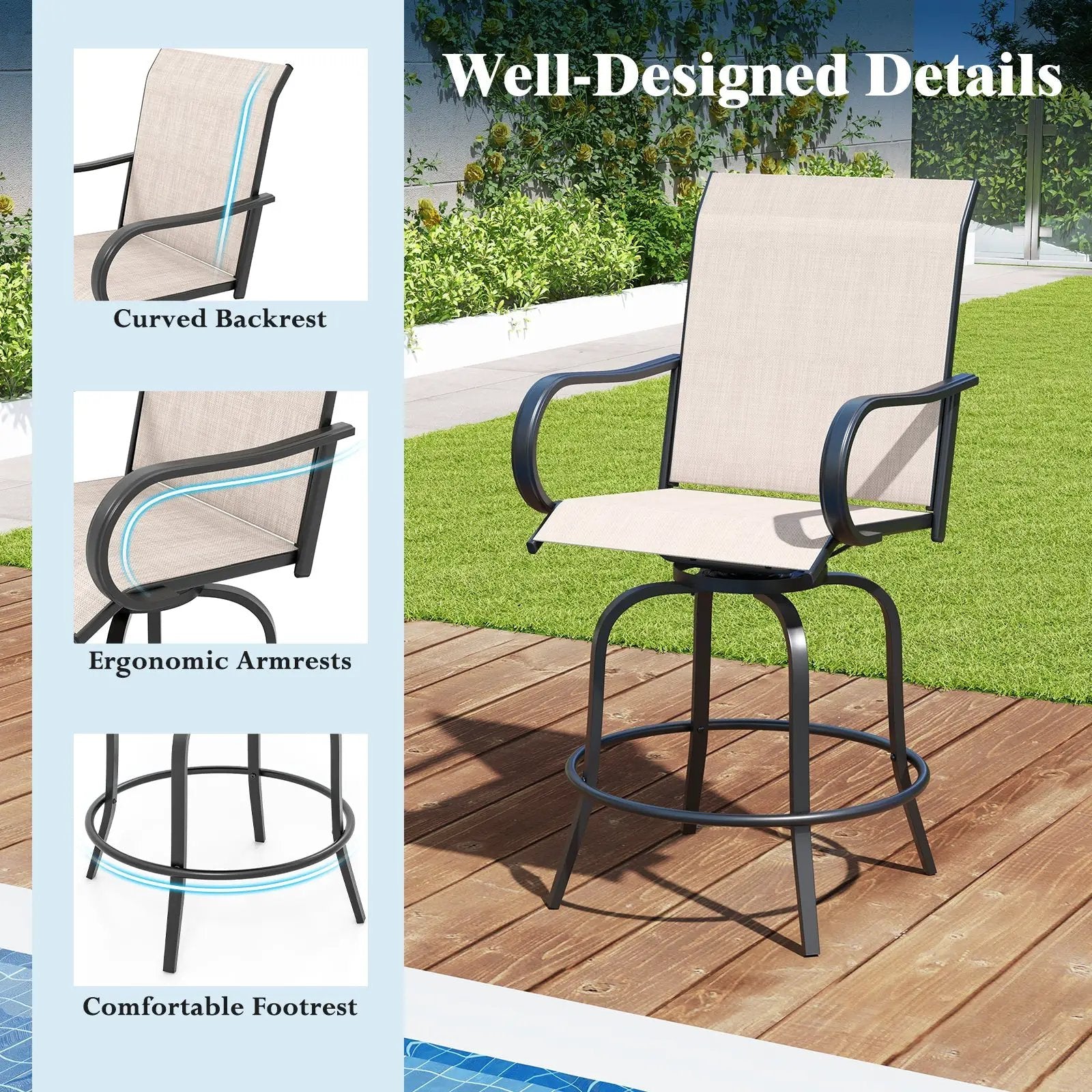 2 Pieces 360 Rotating Bar Stool Set with Armrests for Patio by DirectDeals