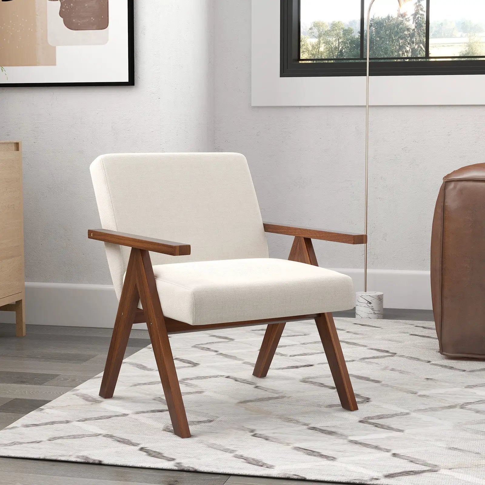 Modern Accent Chair Linen Fabric Armchair with Solid Acacia Wood Frame by DirectDeals