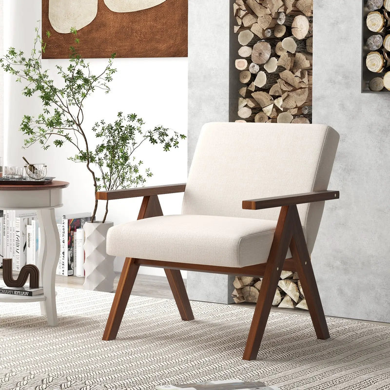 Modern Accent Chair Linen Fabric Armchair with Solid Acacia Wood Frame by DirectDeals