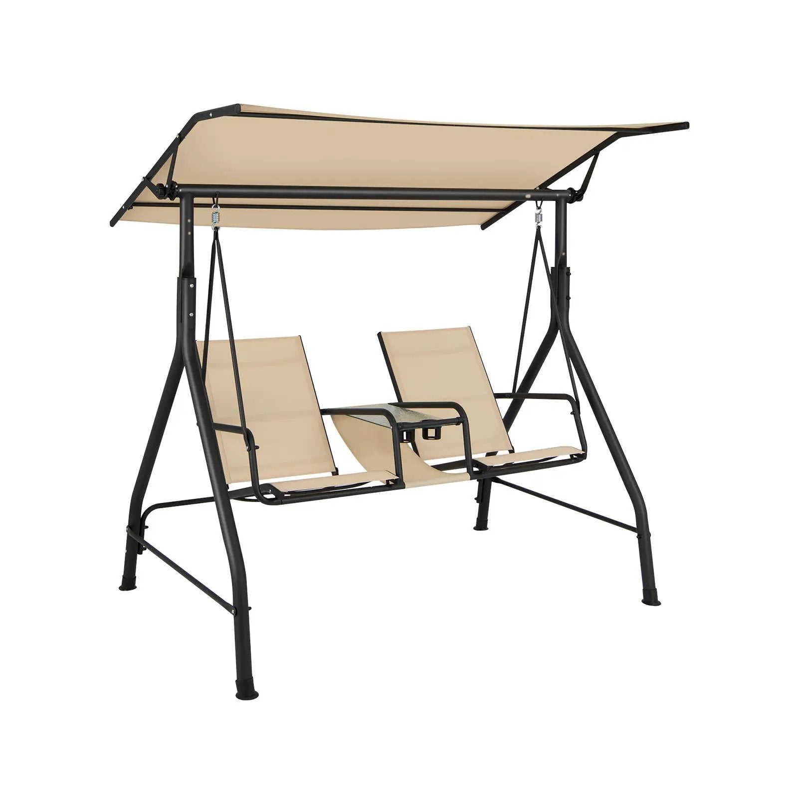 2-Seat Outdoor Cushioned Porch Swing with Adjustable Canopy and Tempered Glass Table-Beige by DirectDeals