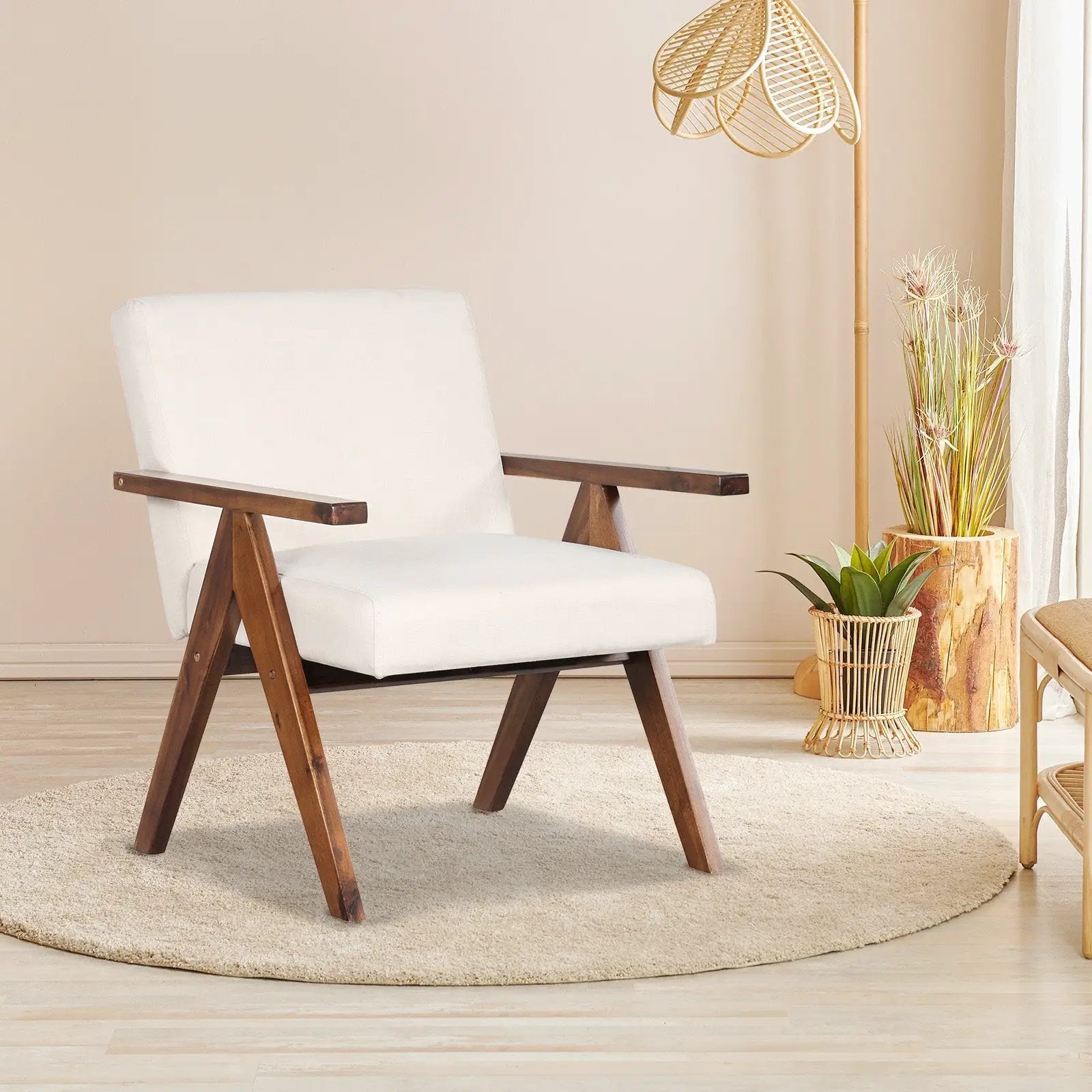 Modern Accent Chair Linen Fabric Armchair with Solid Acacia Wood Frame by DirectDeals