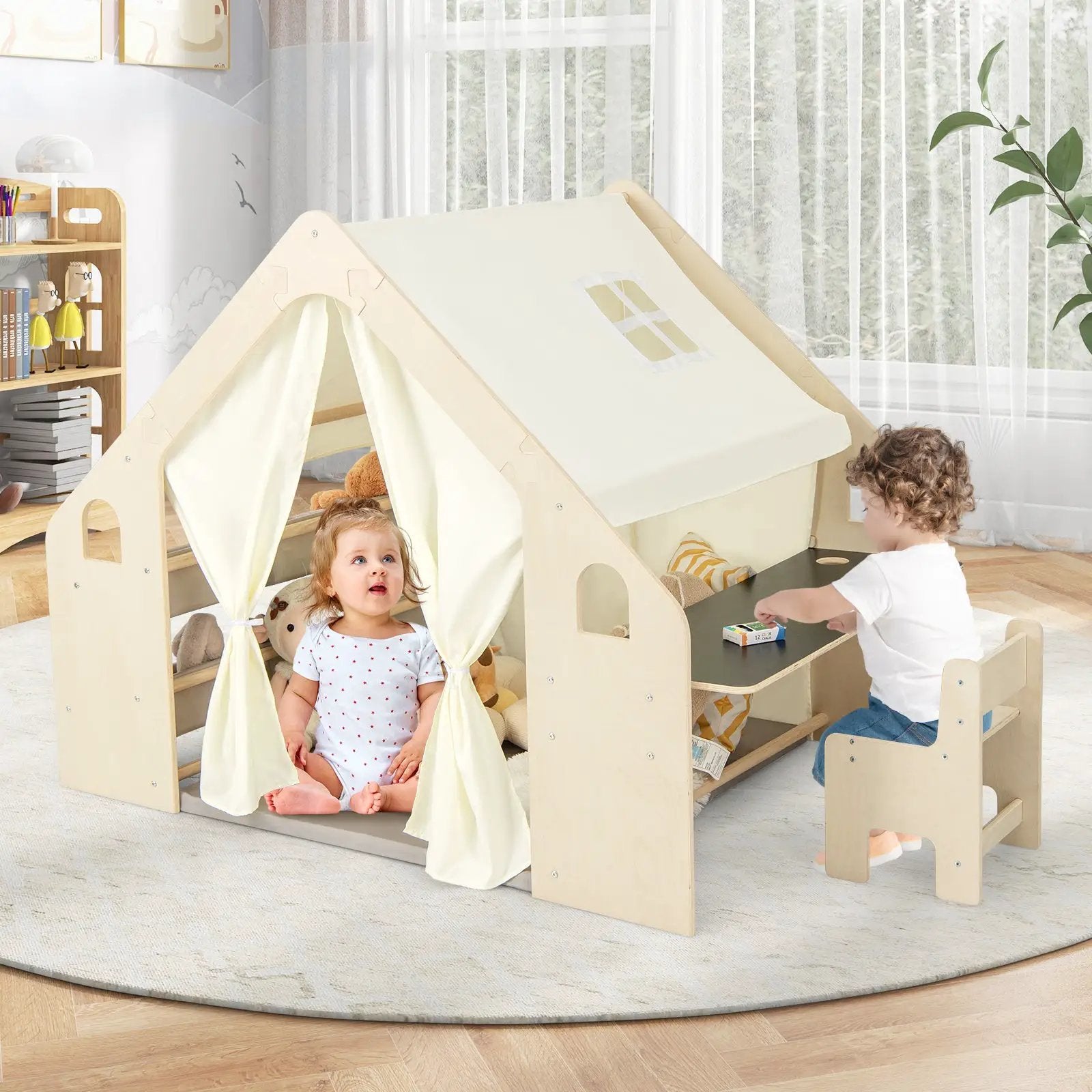 6-in-1 Kids Play Tent Playhouse with Blackboard 6 Storage Bins and Floor Cushion-Beige by DirectDeals