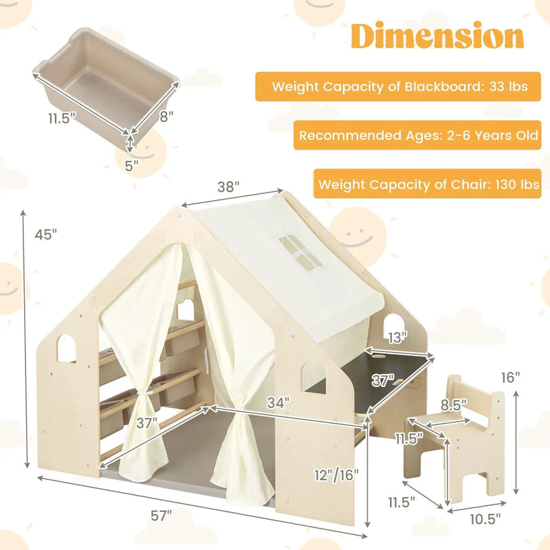 6-in-1 Kids Play Tent Playhouse with Blackboard 6 Storage Bins and Floor Cushion-Beige by DirectDeals