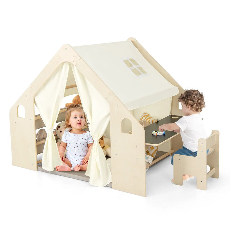 6-in-1 Kids Play Tent Playhouse with Blackboard 6 Storage Bins and Floor Cushion-Beige by DirectDeals
