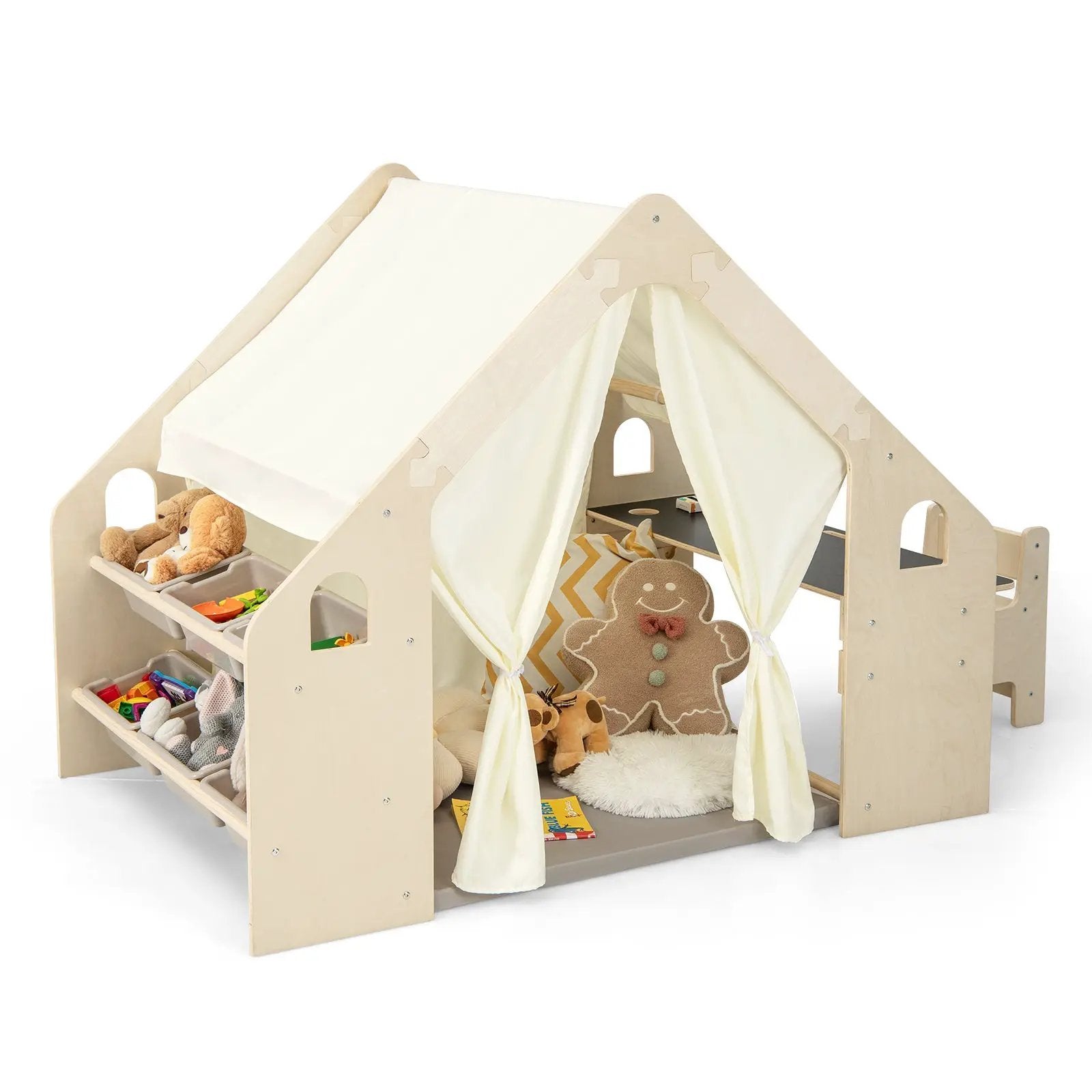6-in-1 Kids Play Tent Playhouse with Blackboard 6 Storage Bins and Floor Cushion-Beige by DirectDeals