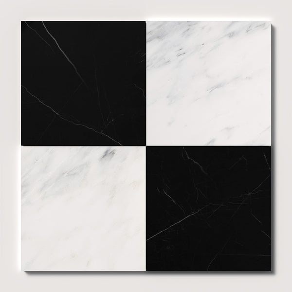 Bella White, Black Polished Checkerboard Pattern Marble Tiles 18x18