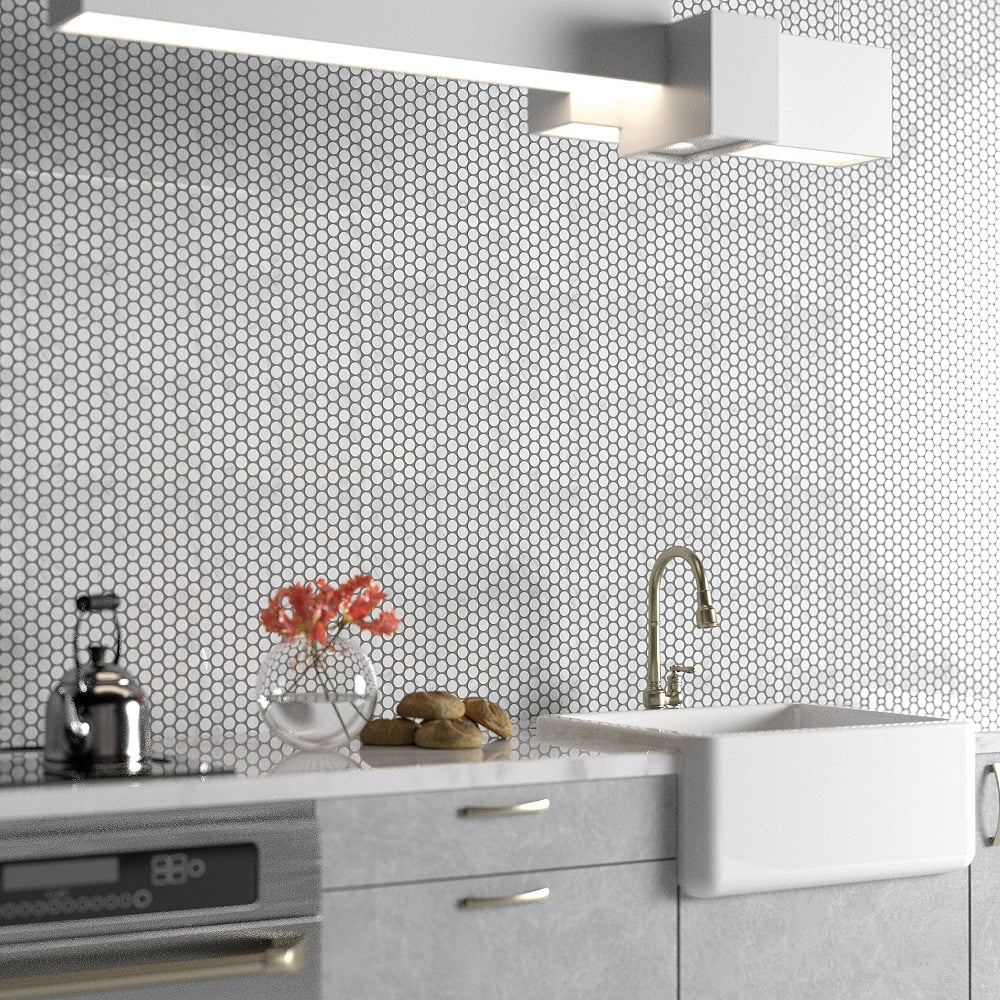 Bella White Polished Penny Round Marble Mosaics 11 1/2x11 1/2 Marble Polished 12x12 Mosaics — 2
