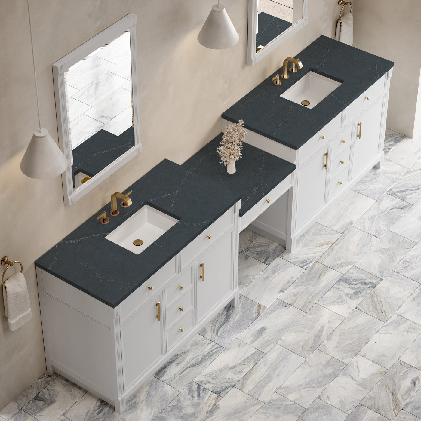 James Martin Bellshire 120" Double Bathroom Vanity, Bright White with Charcoal Soapstone countertop