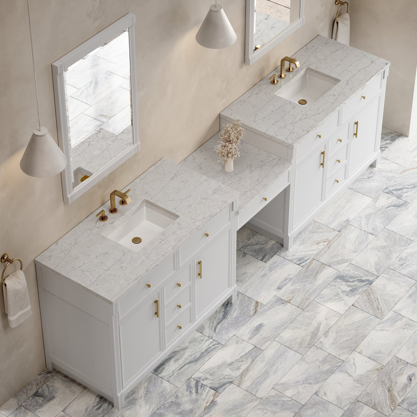 James Martin Bellshire 120" Double Bathroom Vanity, Bright White with Eternal Jasmine Pearl countertop