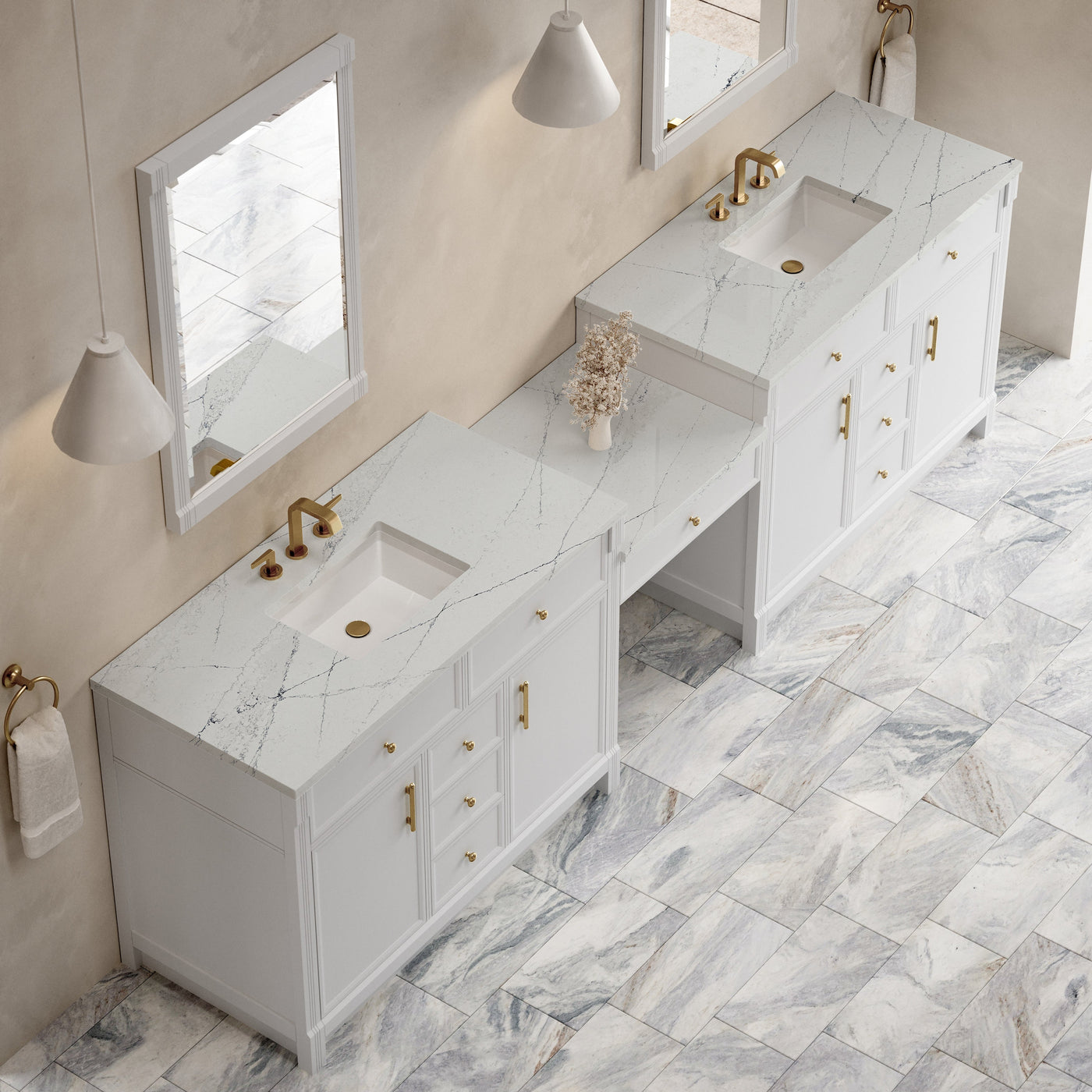 James Martin Bellshire 120" Double Bathroom Vanity, Bright White with Ethereal Noctis countertop