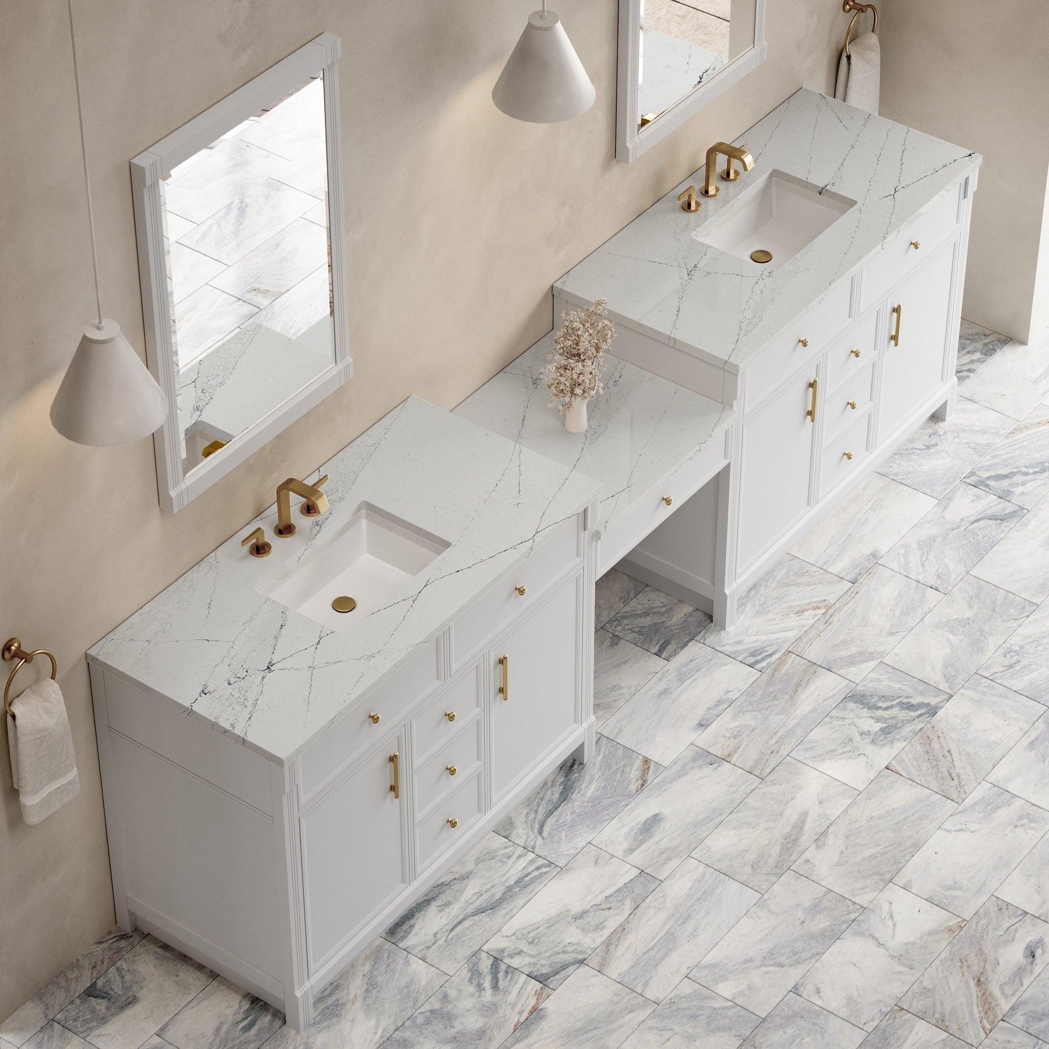 James Martin Bellshire 120" Double Bathroom Vanity, Bright White with Ethereal Noctis countertop