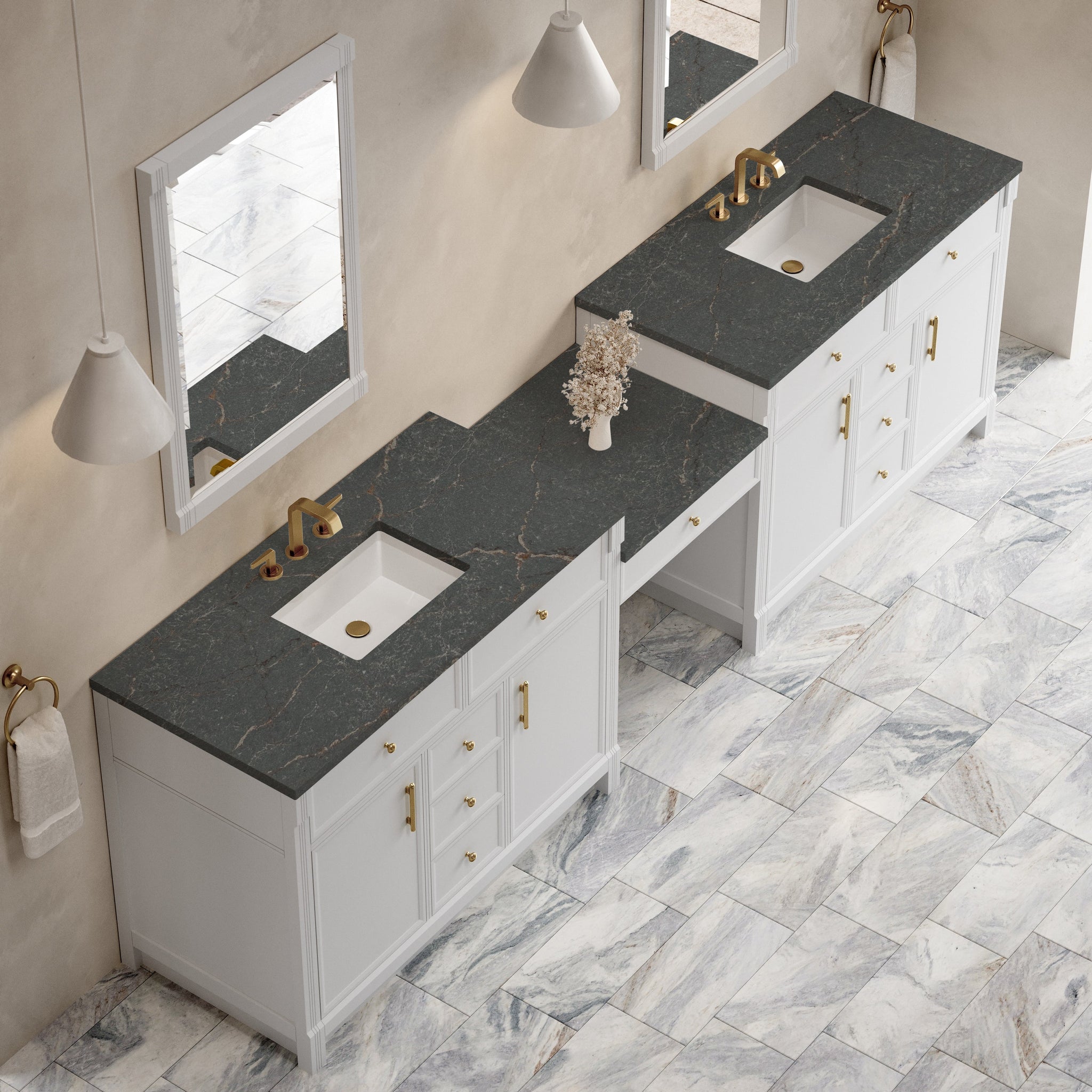 James Martin Bellshire 120" Double Bathroom Vanity, Bright White with Parisien Bleu countertop