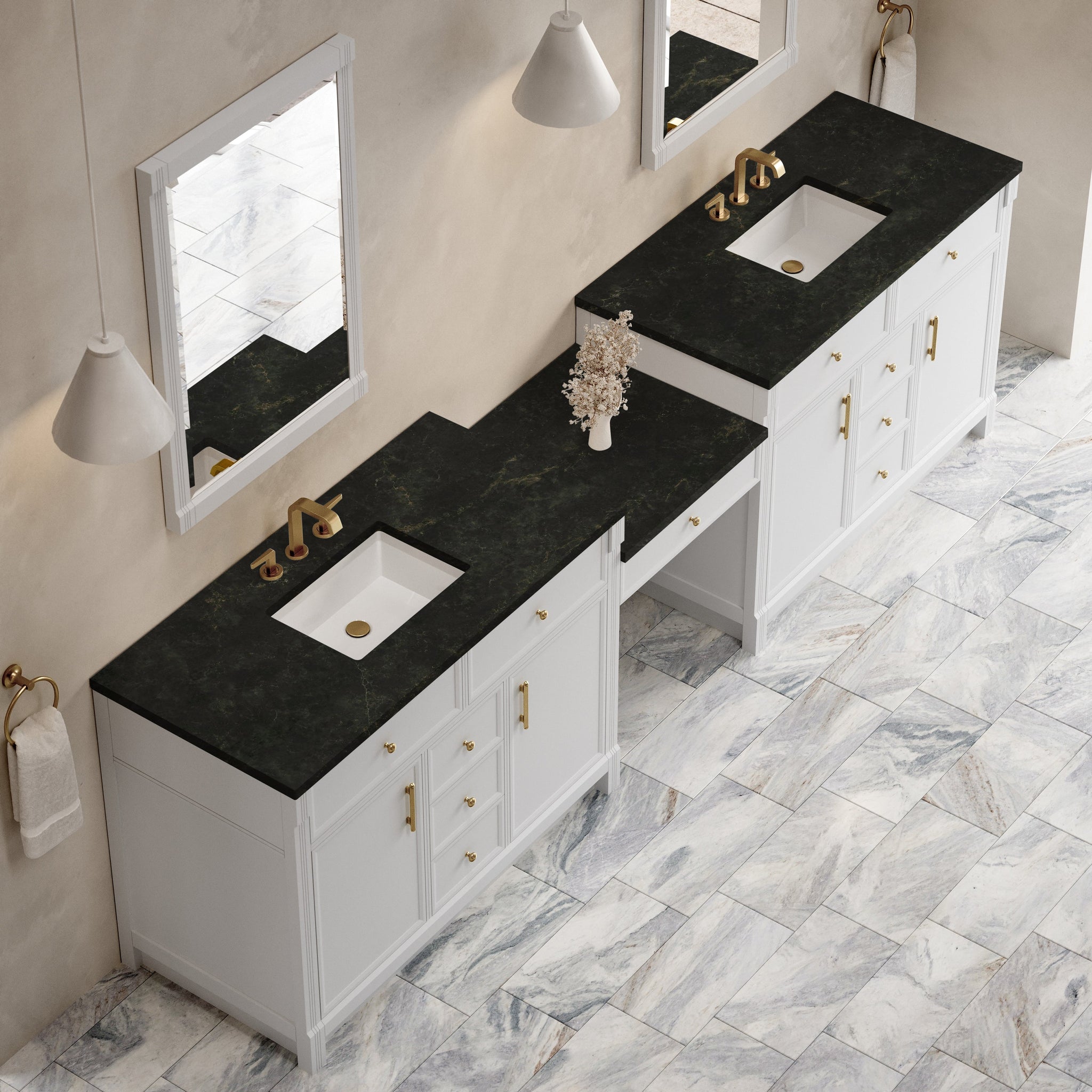 James Martin Bellshire 120" Double Bathroom Vanity, Bright White with Phantome countertop