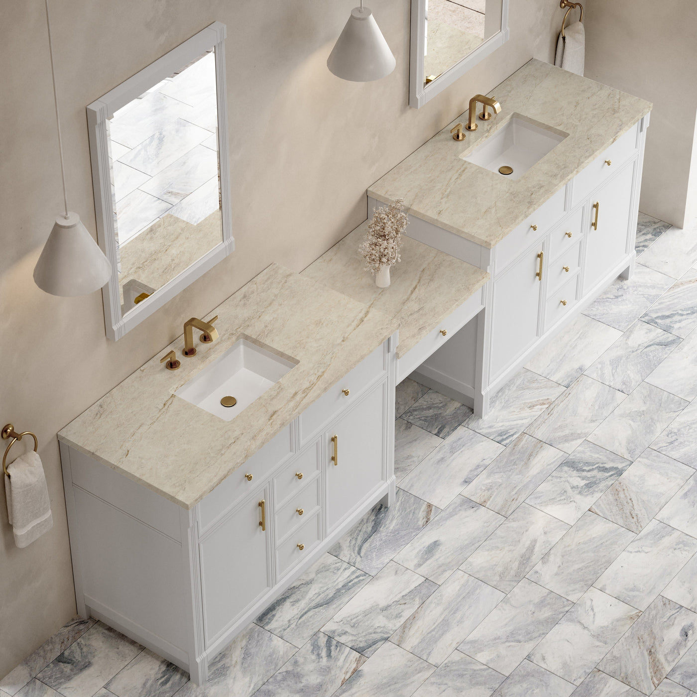 James Martin Bellshire 120" Double Bathroom Vanity, Bright White with Tajnar countertop