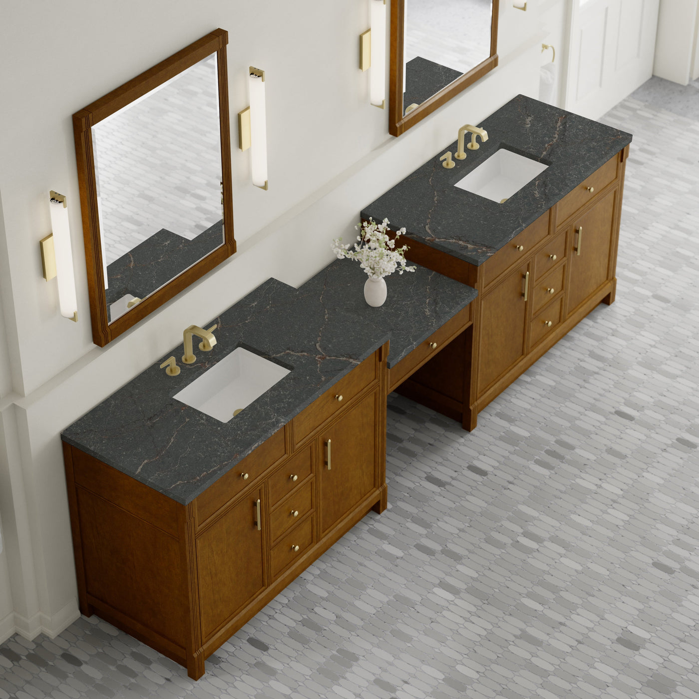 James Martin Bellshire 120" Double Bathroom Vanity, Honey Oak with Parisien Bleu countertop