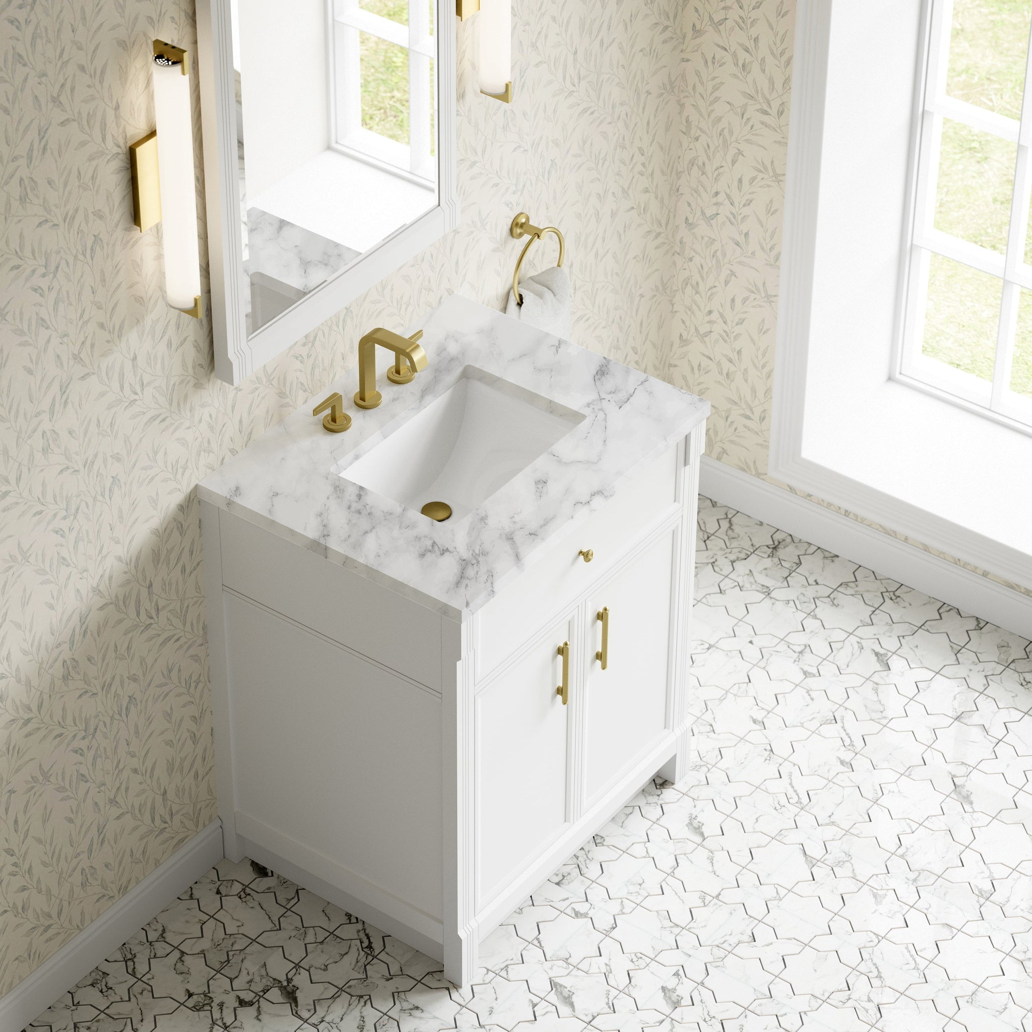 James Martin Bellshire 30" Single Bathroom Vanity, Bright White with Carrara White countertop
