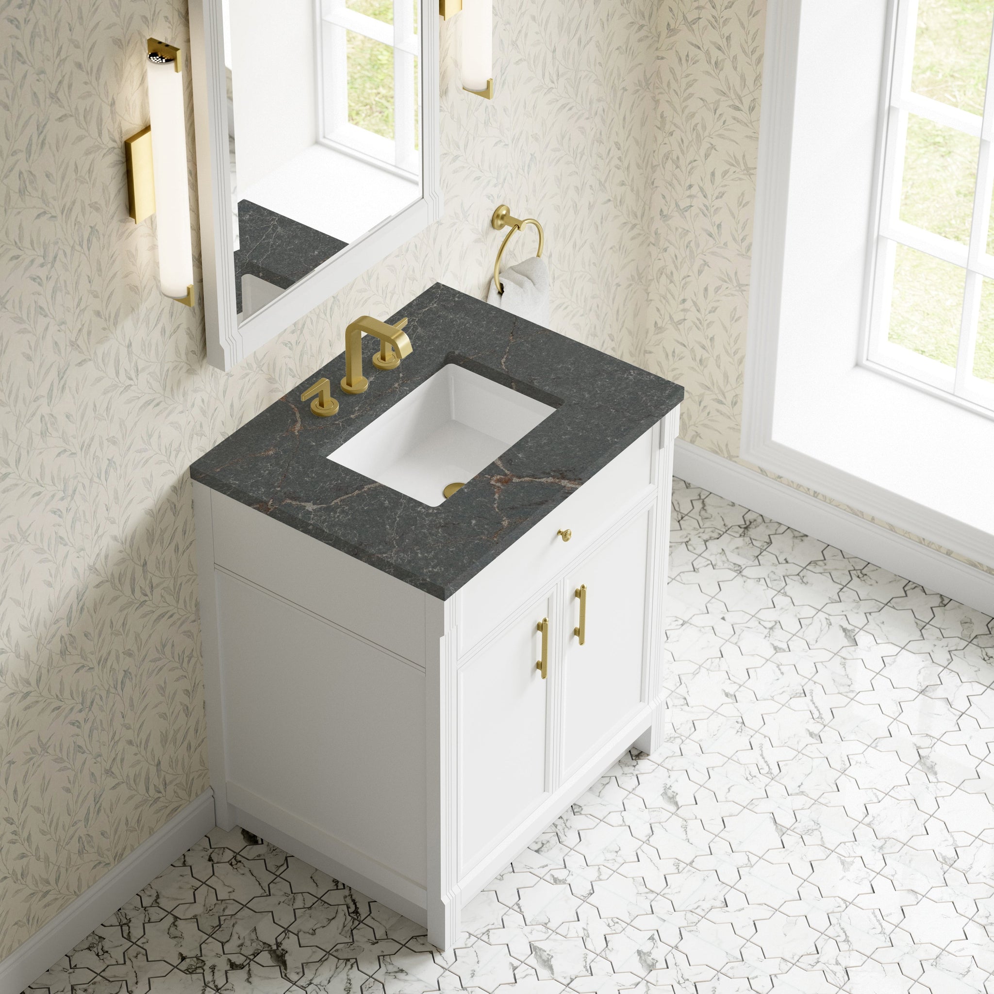 James Martin Bellshire 30" Single Bathroom Vanity, Bright White with Parisien Bleu countertop