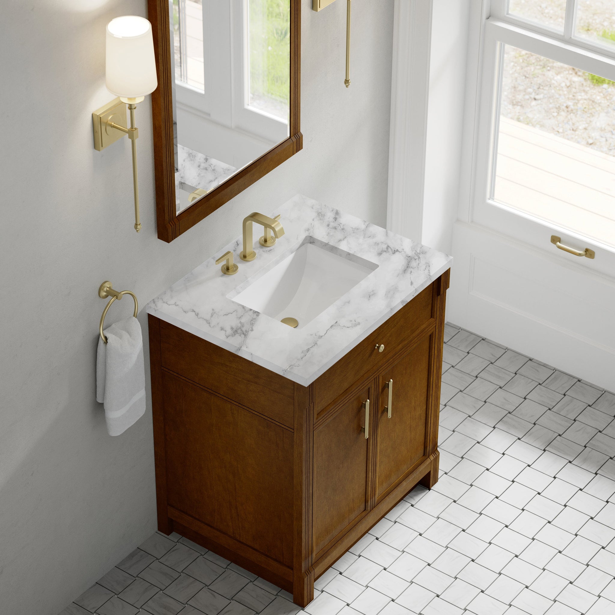 James Martin Bellshire 30" Single Bathroom Vanity, Honey Oak with Carrara White countertop
