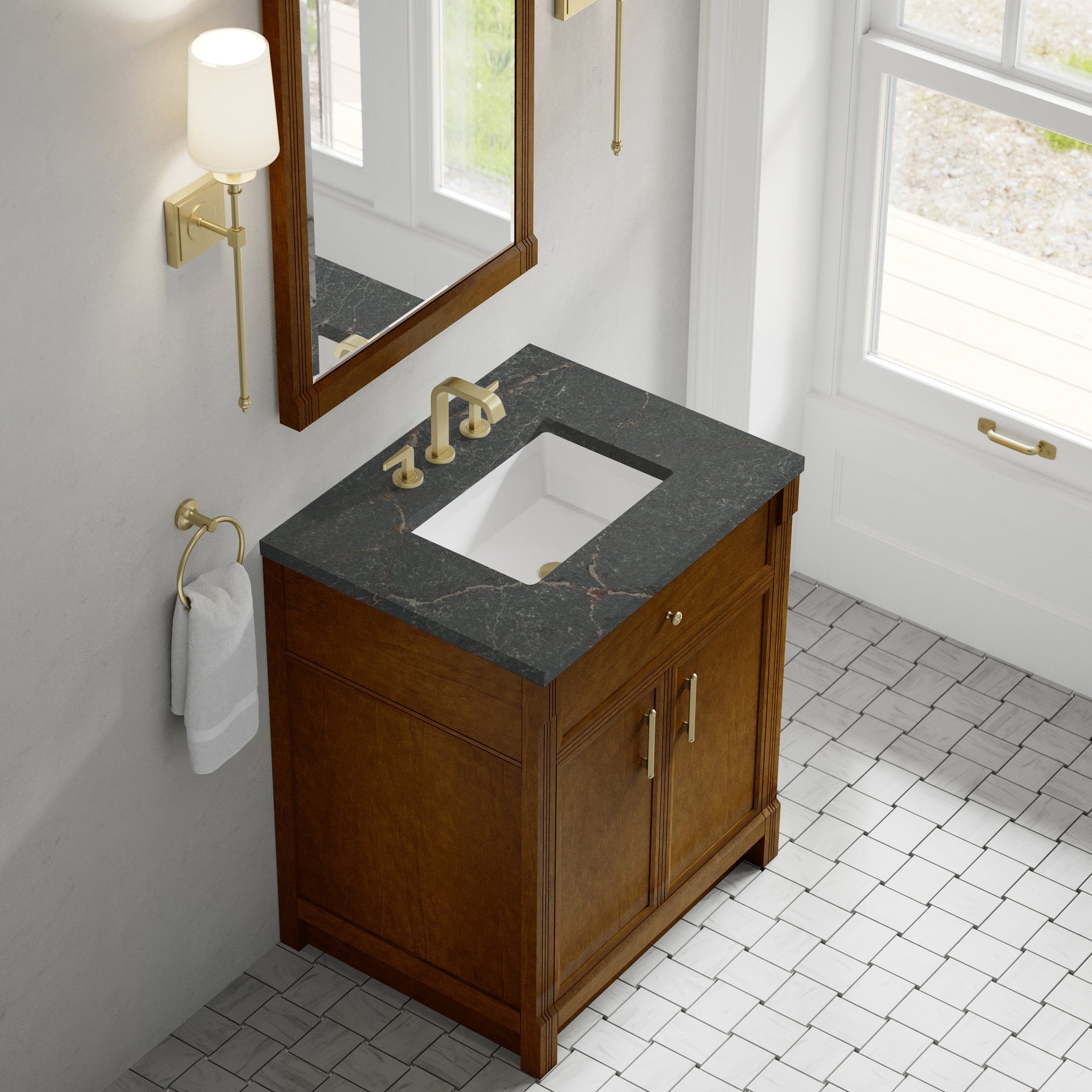 James Martin Bellshire 36" Single Bathroom Vanity, Honey Oak with Parisien Bleu countertop