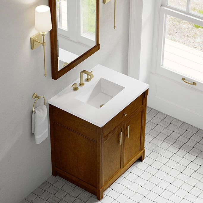 James Martin Bellshire 30" Single Bathroom Vanity, Honey Oak with White Zeus countertop