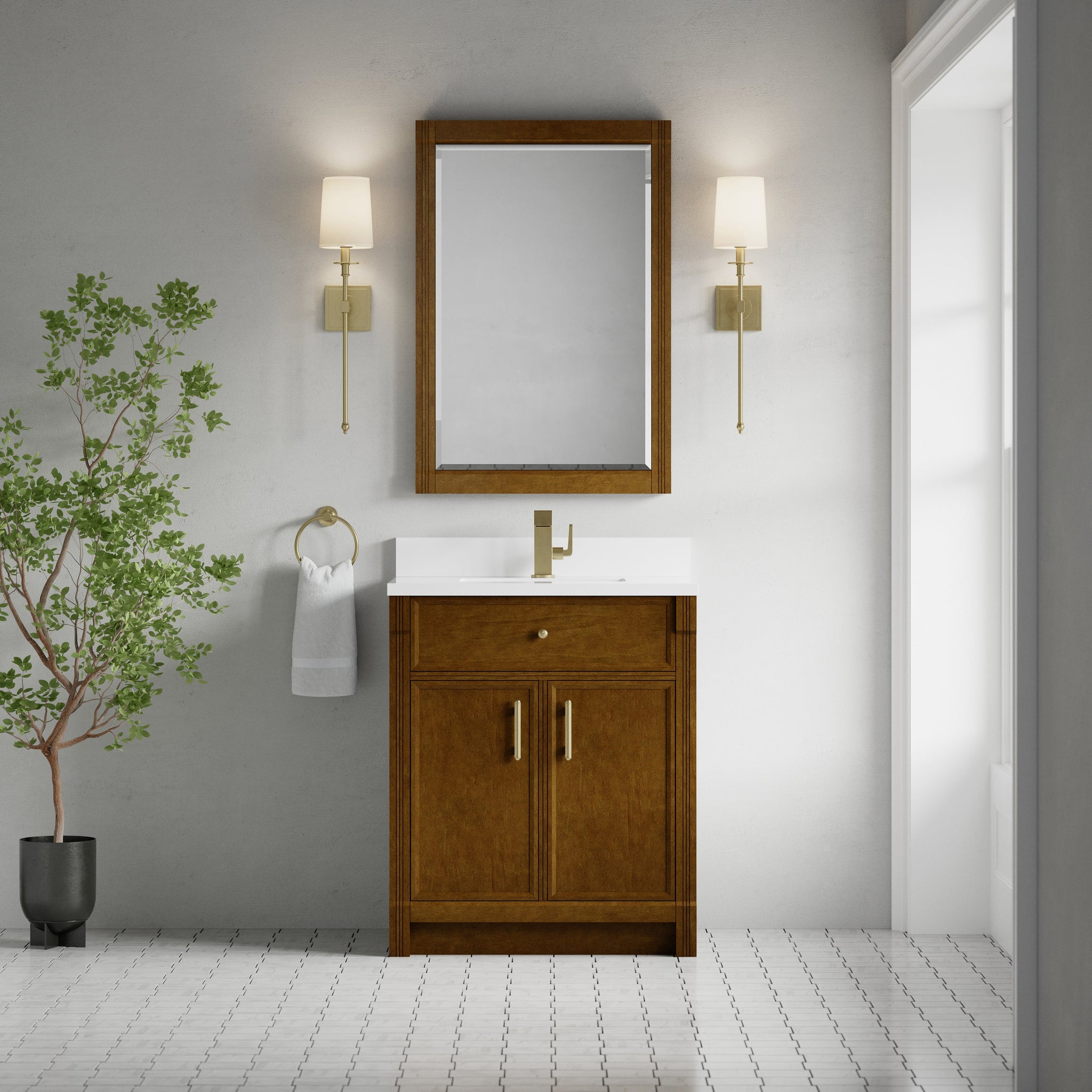 James Martin Bellshire 30" Single Bathroom Vanity, Honey Oak with White Zeus (Single Hole) countertop