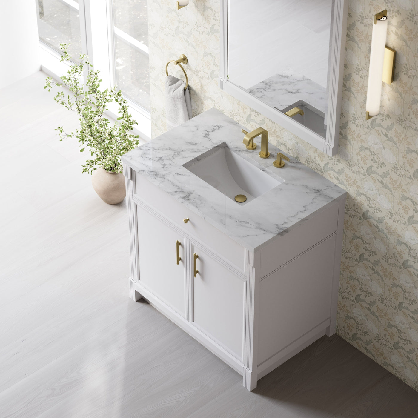 James Martin Bellshire 36" Single Bathroom Vanity, Bright White with Carrara White countertop