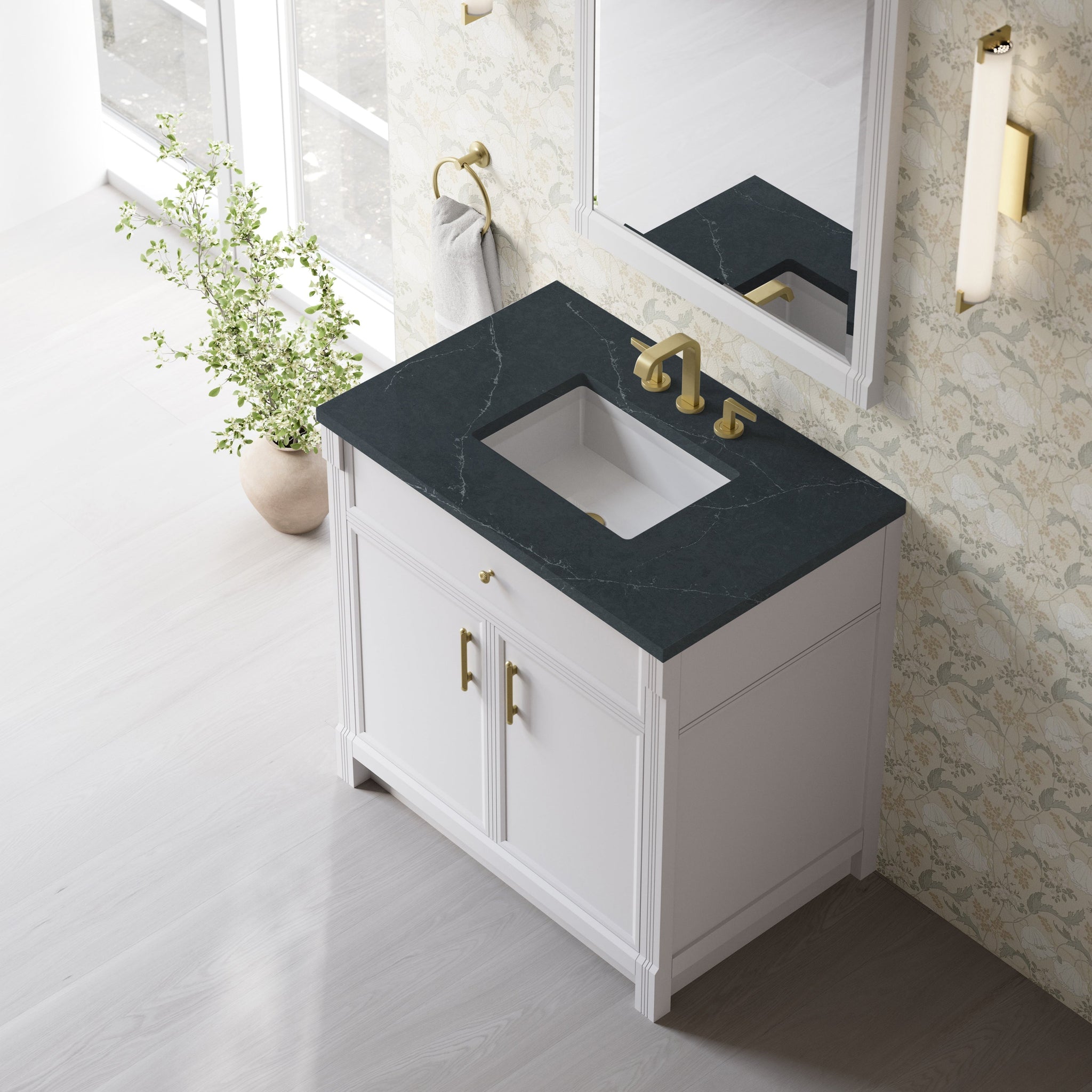 James Martin Bellshire 36" Single Bathroom Vanity, Bright White with Charcoal Soapstone countertop