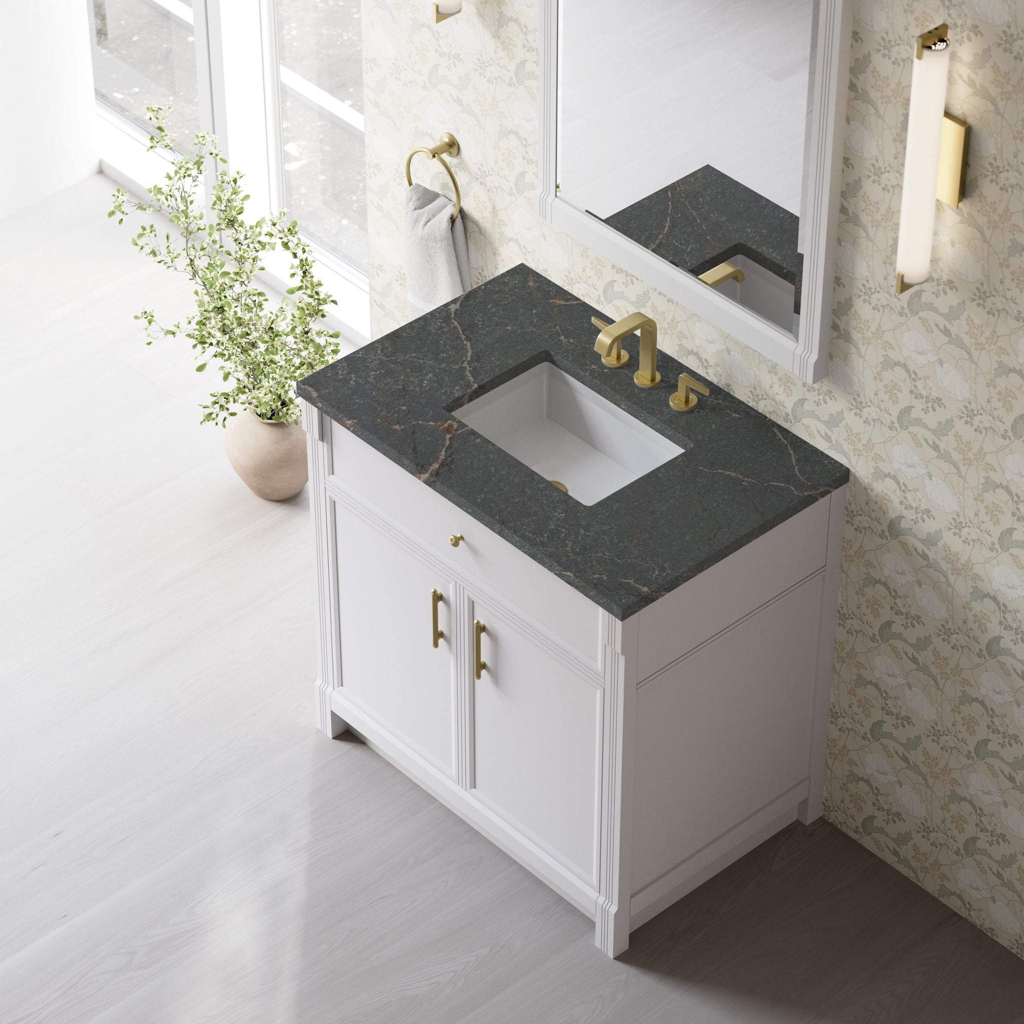 James Martin Bellshire 36" Single Bathroom Vanity, Bright White with Parisien Bleu countertop