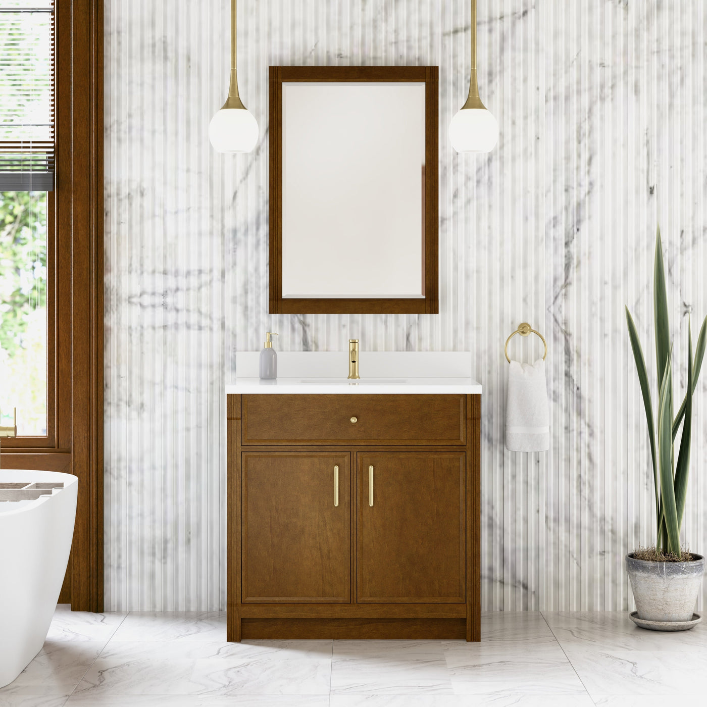 James Martin Bellshire 36" Single Bathroom Vanity, Honey Oak with White Zeus (Single Hole) countertop