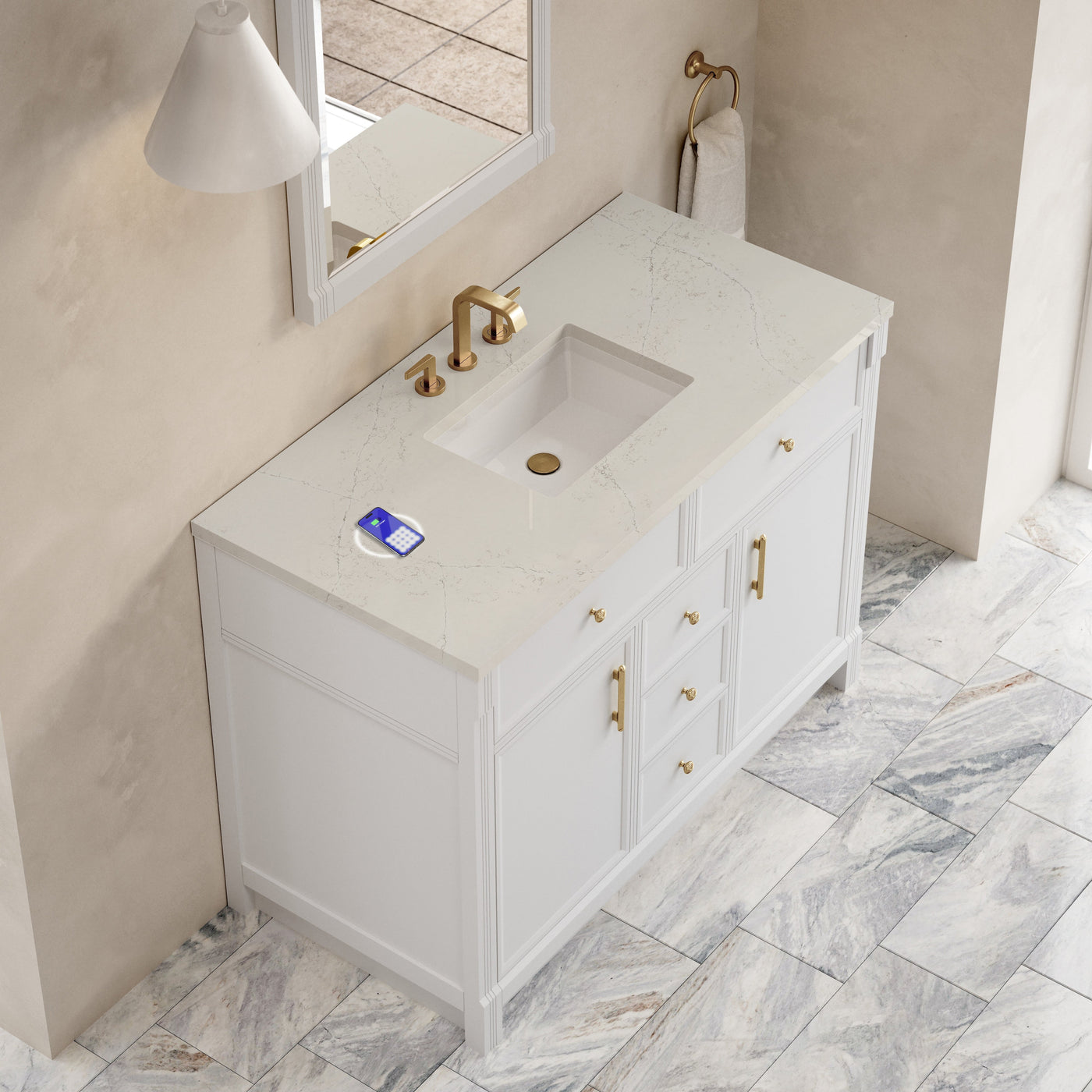 James Martin Bellshire 48" Single Bathroom Vanity, Bright White with Siberian (FreePower) countertop