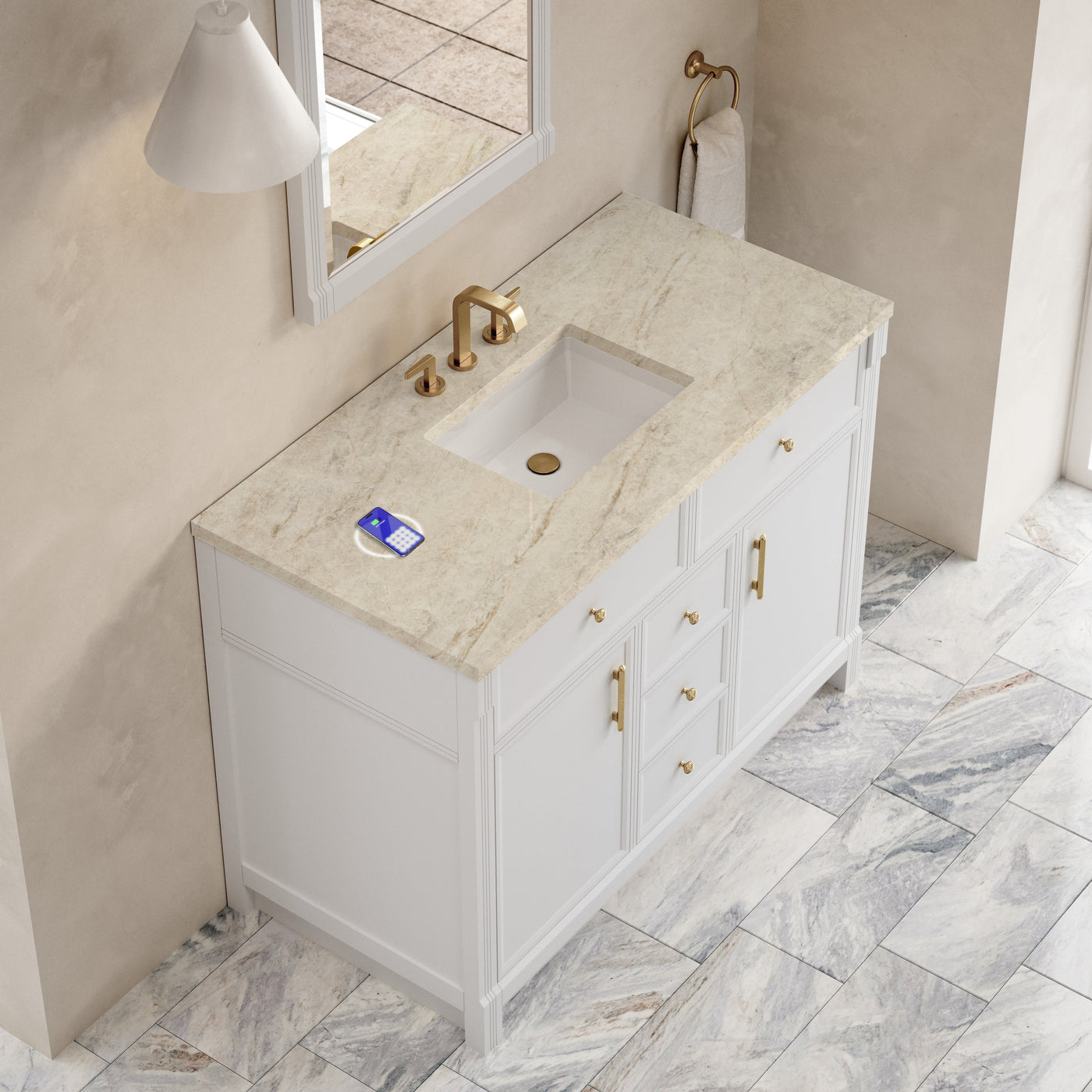 James Martin Bellshire 48" Single Bathroom Vanity, Bright White with Tajnar (FreePower) countertop