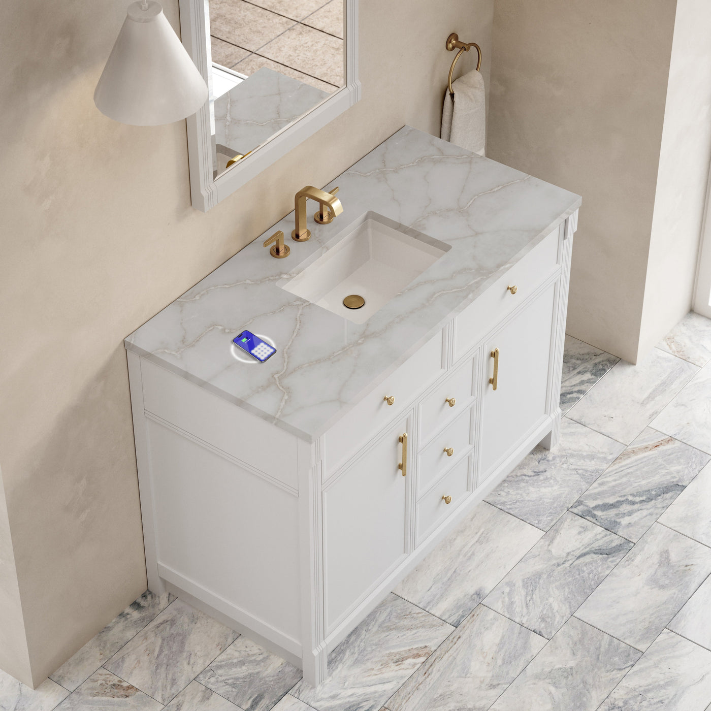 James Martin Bellshire 48" Single Bathroom Vanity, Bright White with Victorian Silver (FreePower) countertop