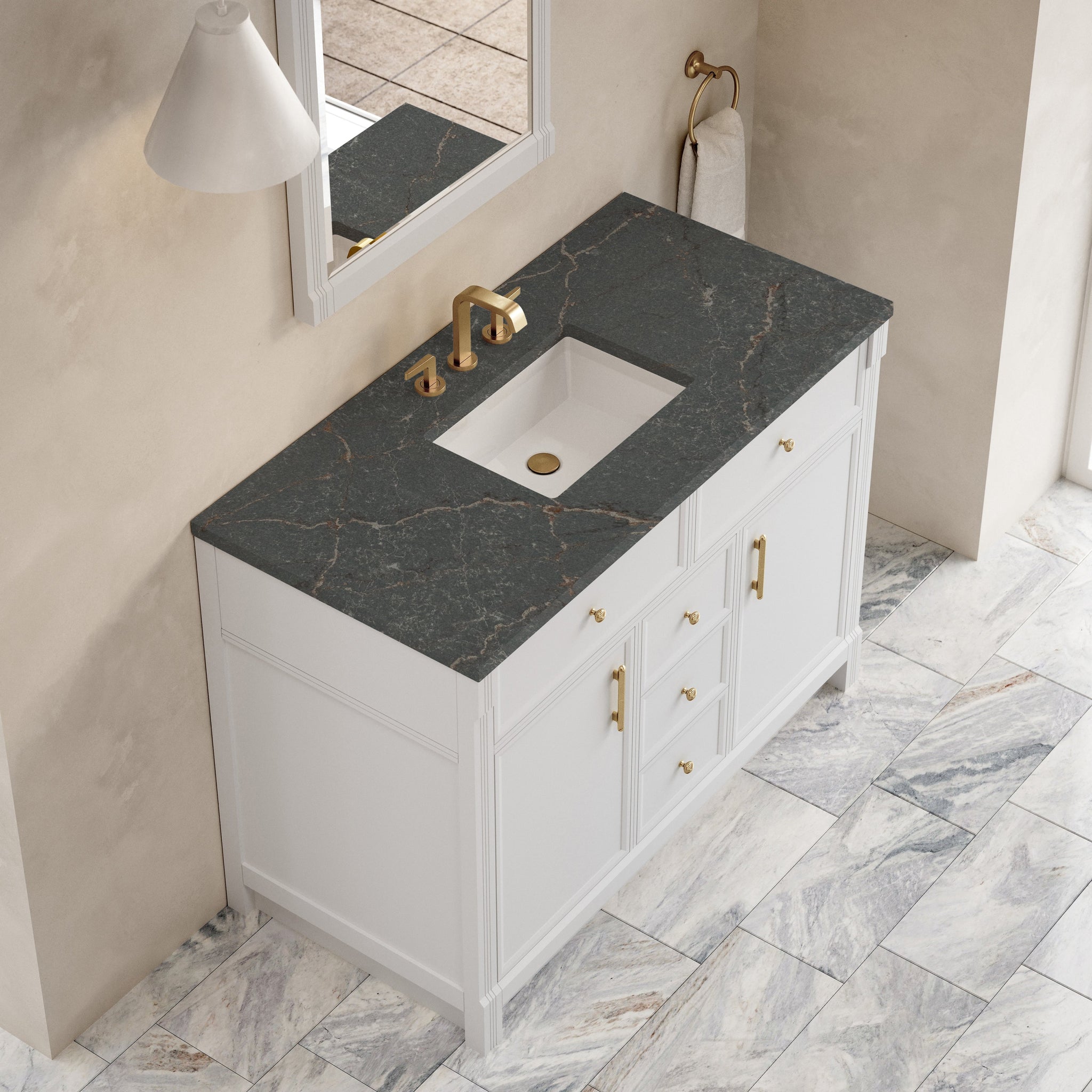 James Martin Bellshire 48" Single Bathroom Vanity, Bright White with Parisien Bleu countertop