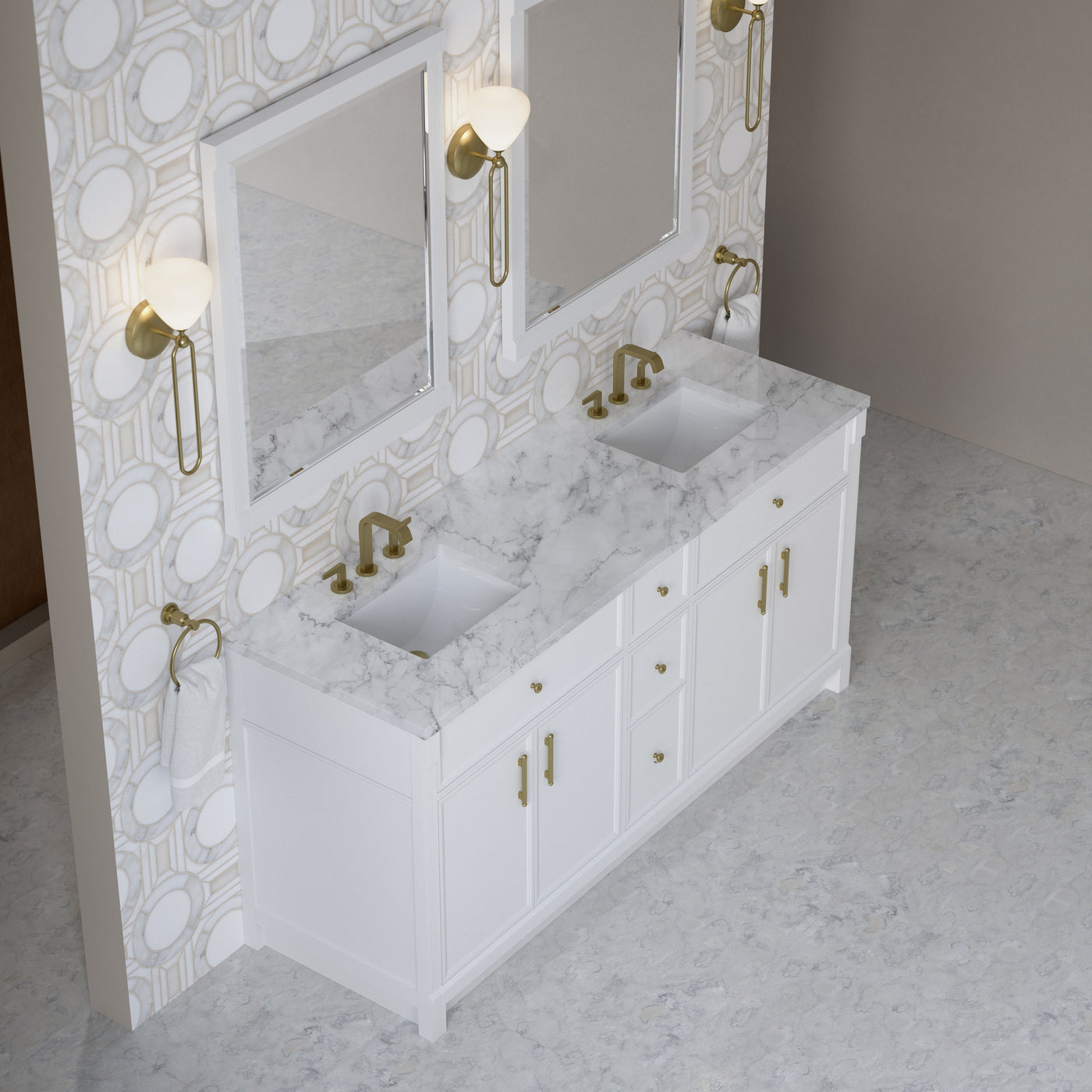 James Martin Bellshire 72" Double Bathroom Vanity, Bright White with Carrara White countertop