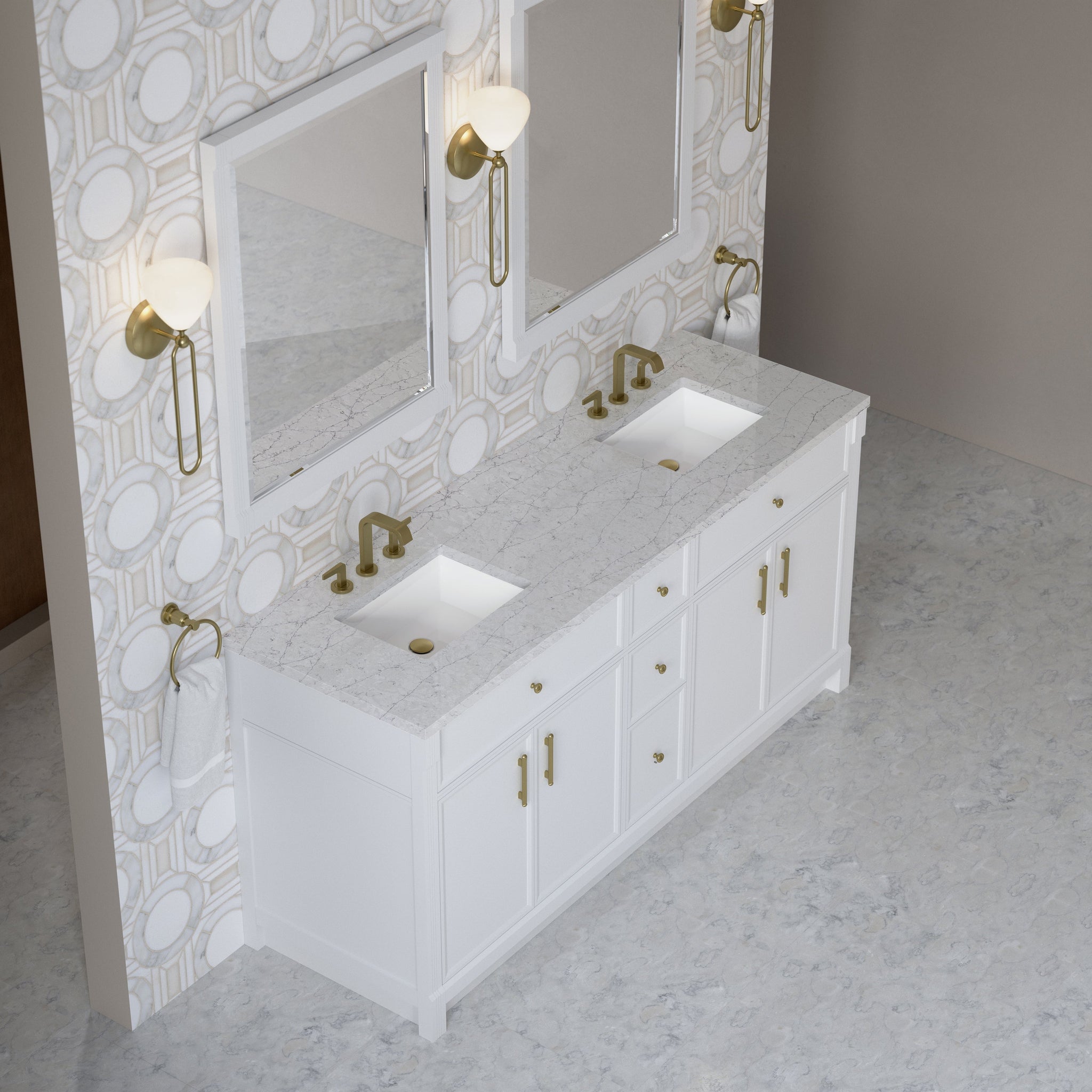 James Martin Bellshire 72" Double Bathroom Vanity, Bright White with Eternal Jasmine Pearl countertop
