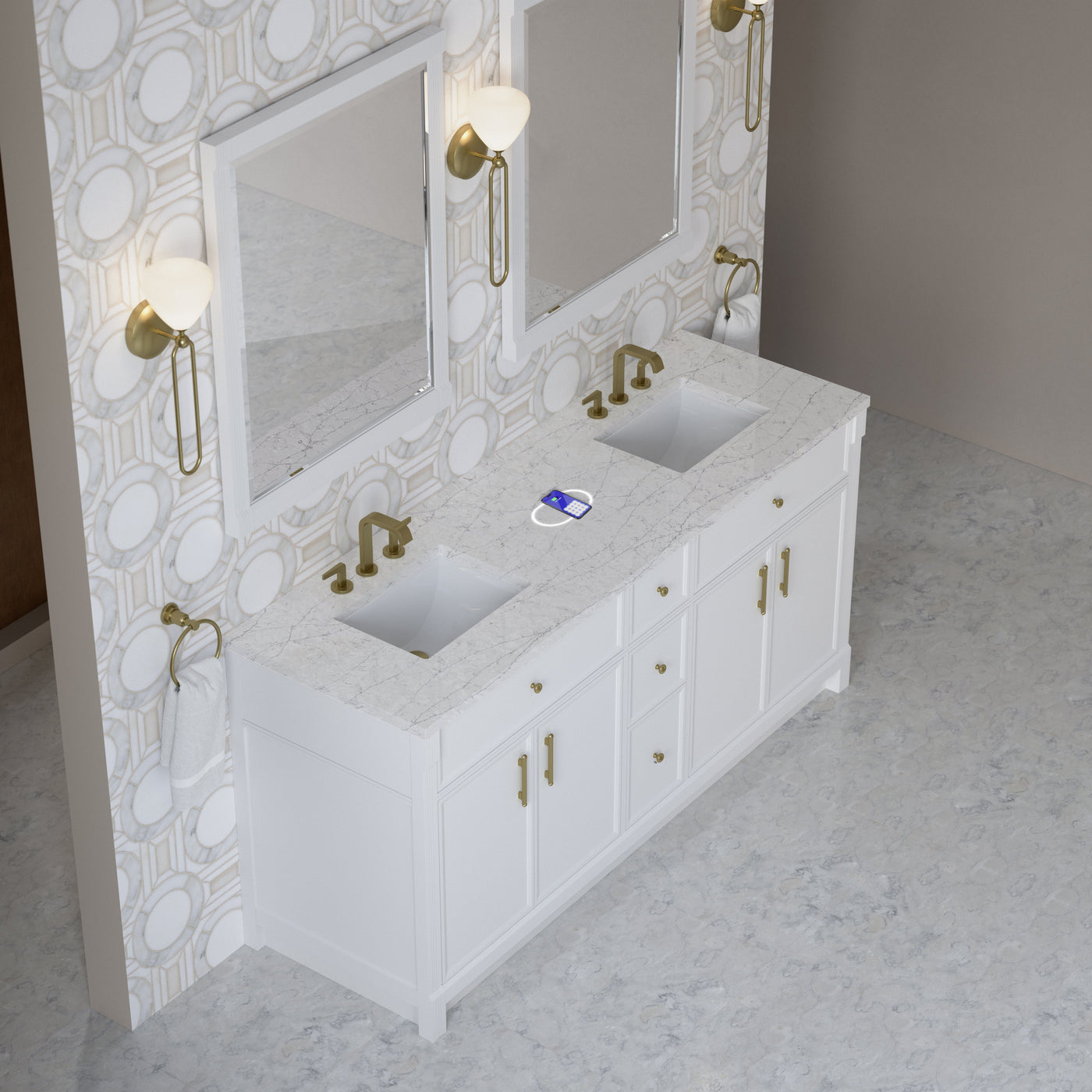 James Martin Bellshire 72" Double Bathroom Vanity, Bright White with Eternal Jasmine Pearl (FreePower) countertop
