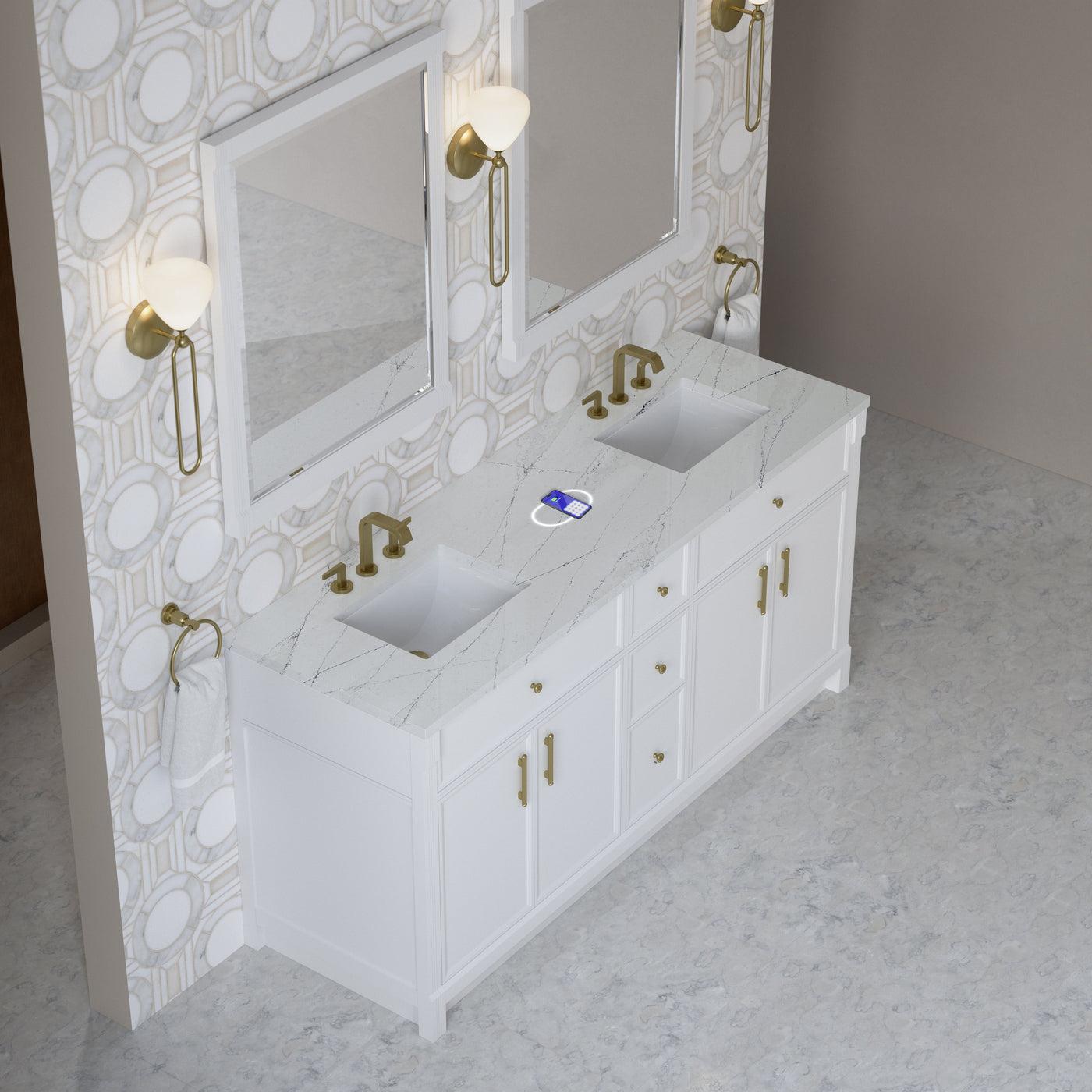 James Martin Bellshire 72" Double Bathroom Vanity, Bright White with Ethereal Noctis (FreePower) countertop
