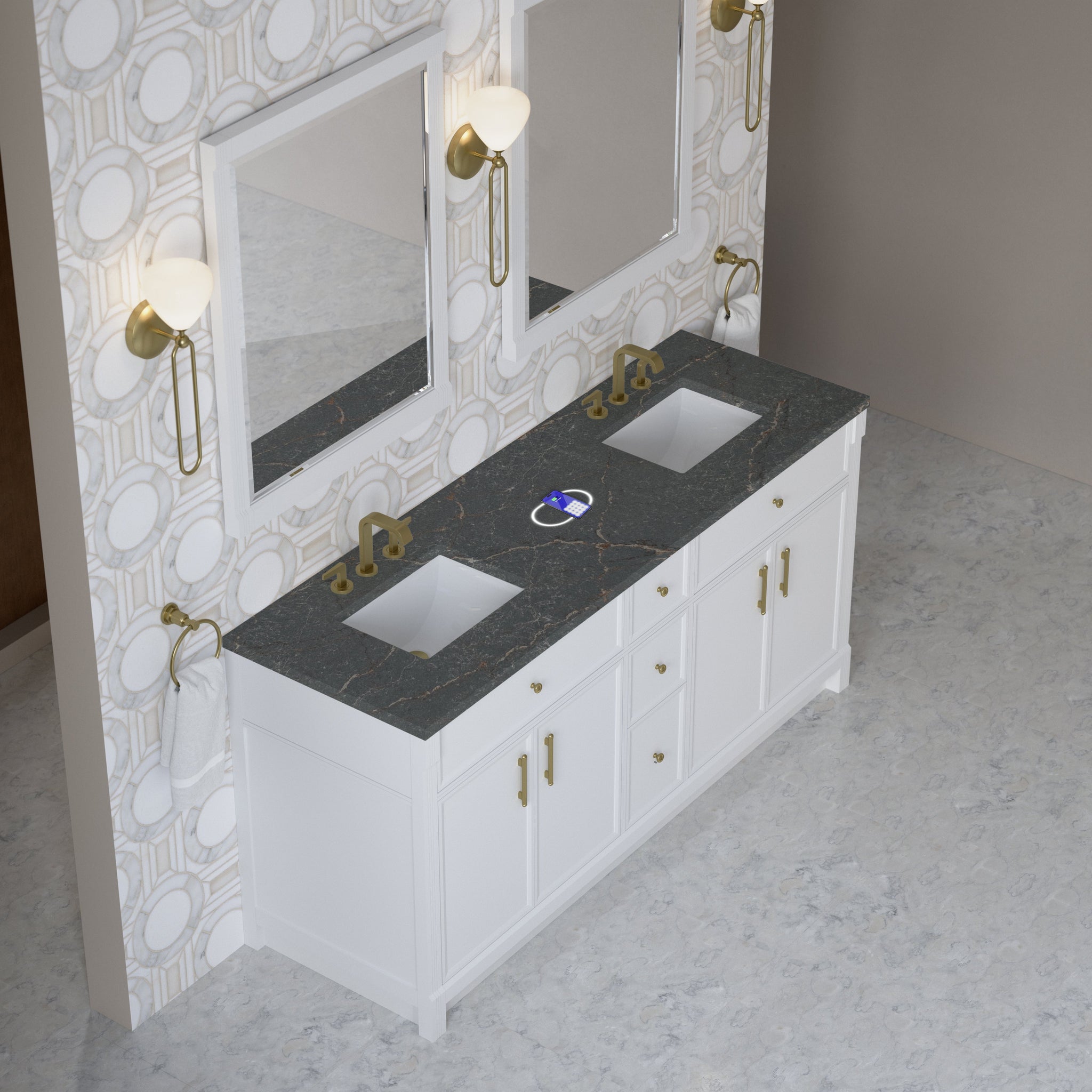 James Martin Bellshire 72" Double Bathroom Vanity, Bright White with Parisien Bleu (FreePower) countertop