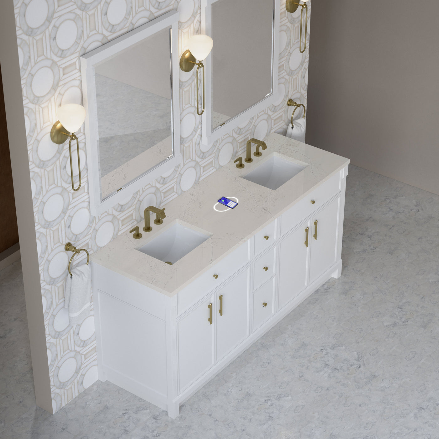 James Martin Bellshire 72" Double Bathroom Vanity, Bright White with Siberian (FreePower) countertop