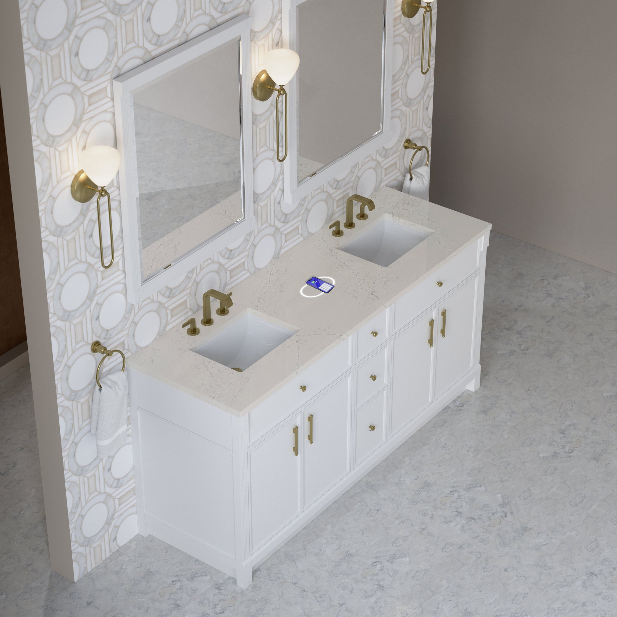 James Martin Bellshire 72" Double Bathroom Vanity, Bright White with Siberian (FreePower) countertop