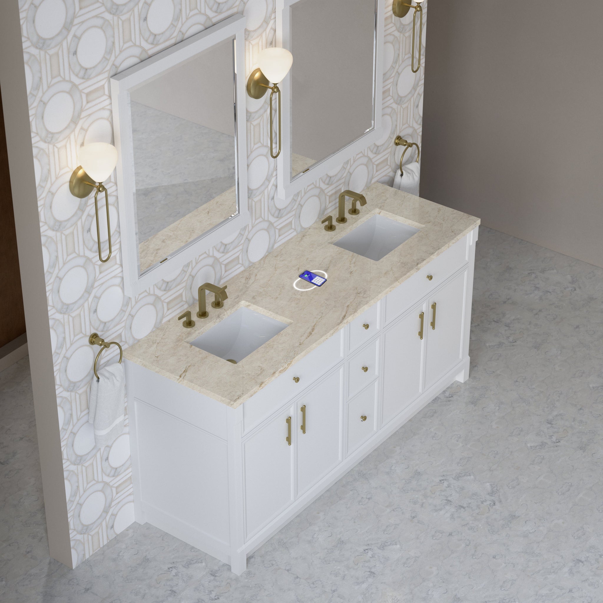 James Martin Bellshire 72" Double Bathroom Vanity, Bright White with Tajnar (FreePower) countertop