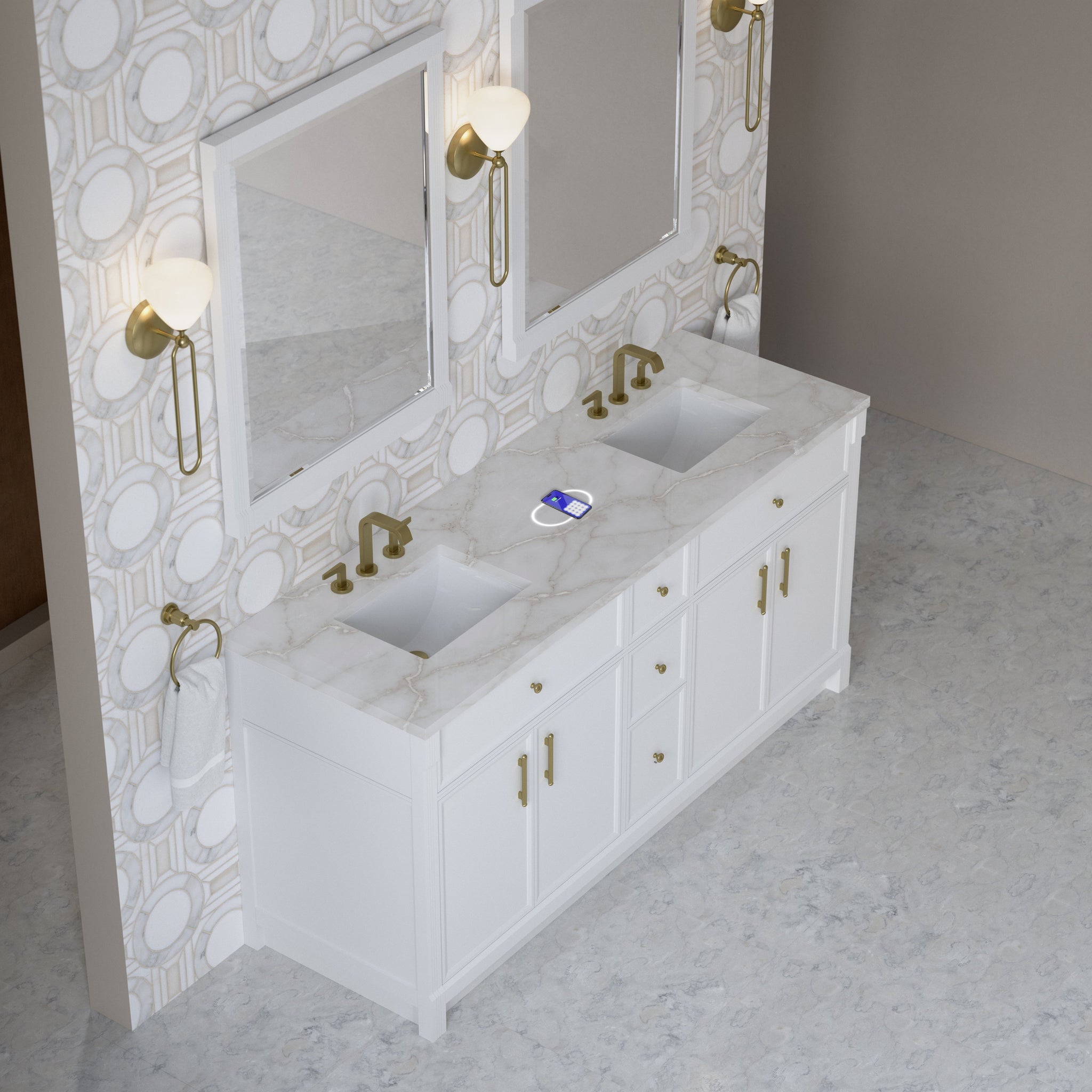 James Martin Bellshire 72" Double Bathroom Vanity, Bright White with Victorian Silver (FreePower) countertop