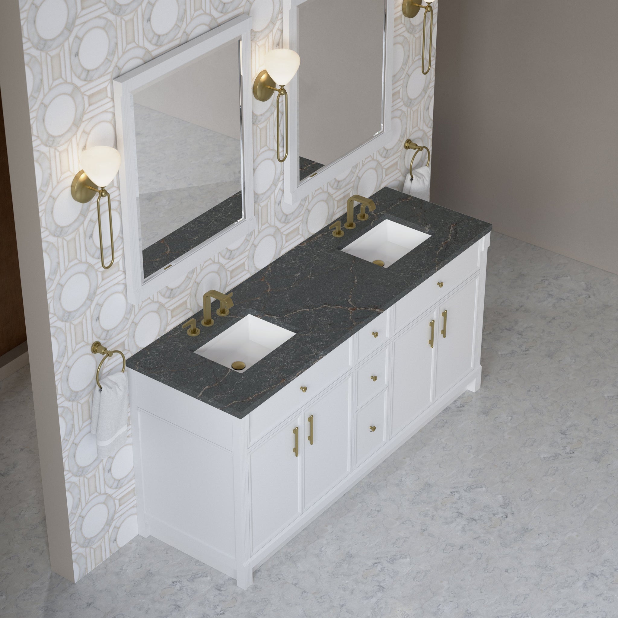 James Martin Bellshire 72" Double Bathroom Vanity, Bright White with Parisien Bleu countertop