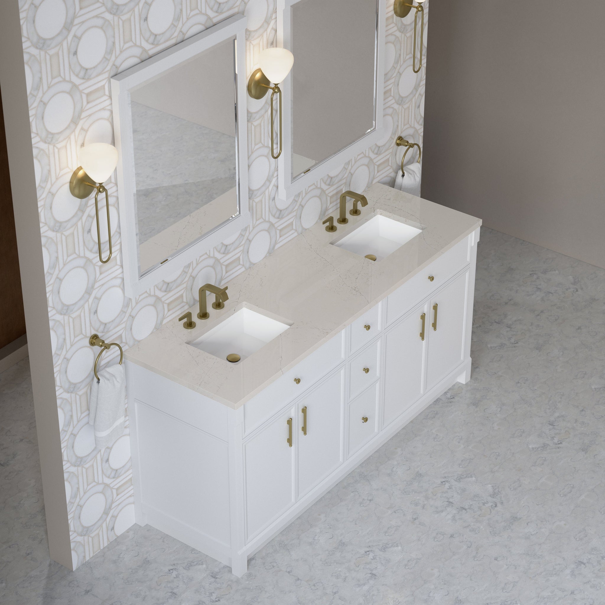 James Martin Bellshire 72" Double Bathroom Vanity, Bright White with Siberian countertop