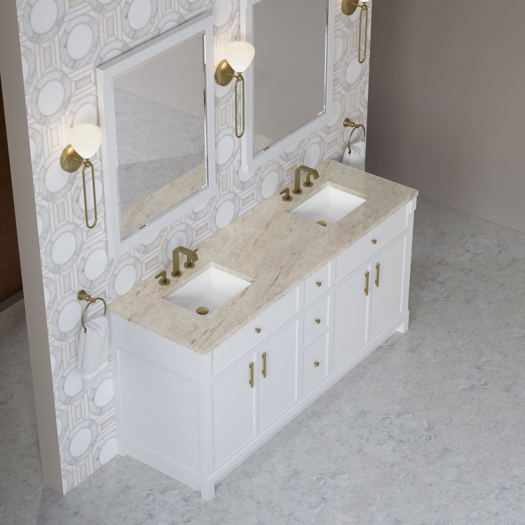 James Martin Bellshire 72" Double Bathroom Vanity, Bright White with Tajnar countertop