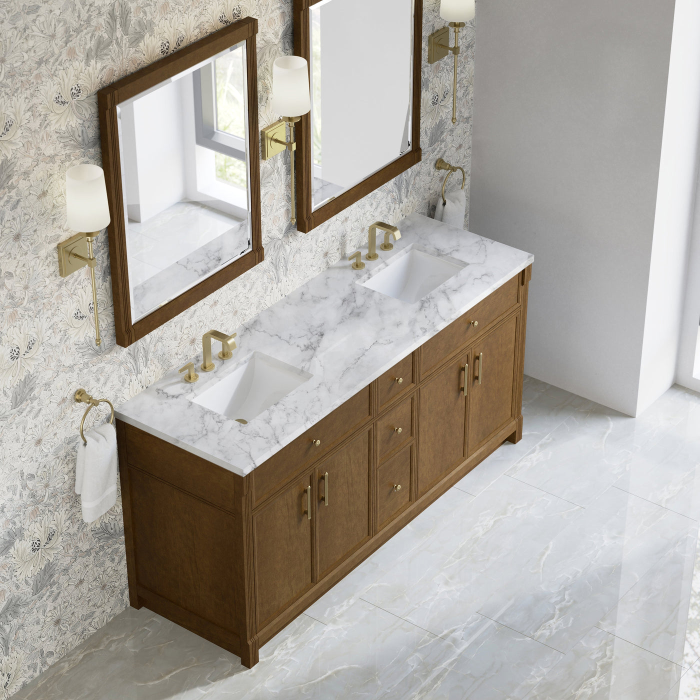 James Martin Bellshire 72" Double Bathroom Vanity, Honey Oak with Carrara White countertop