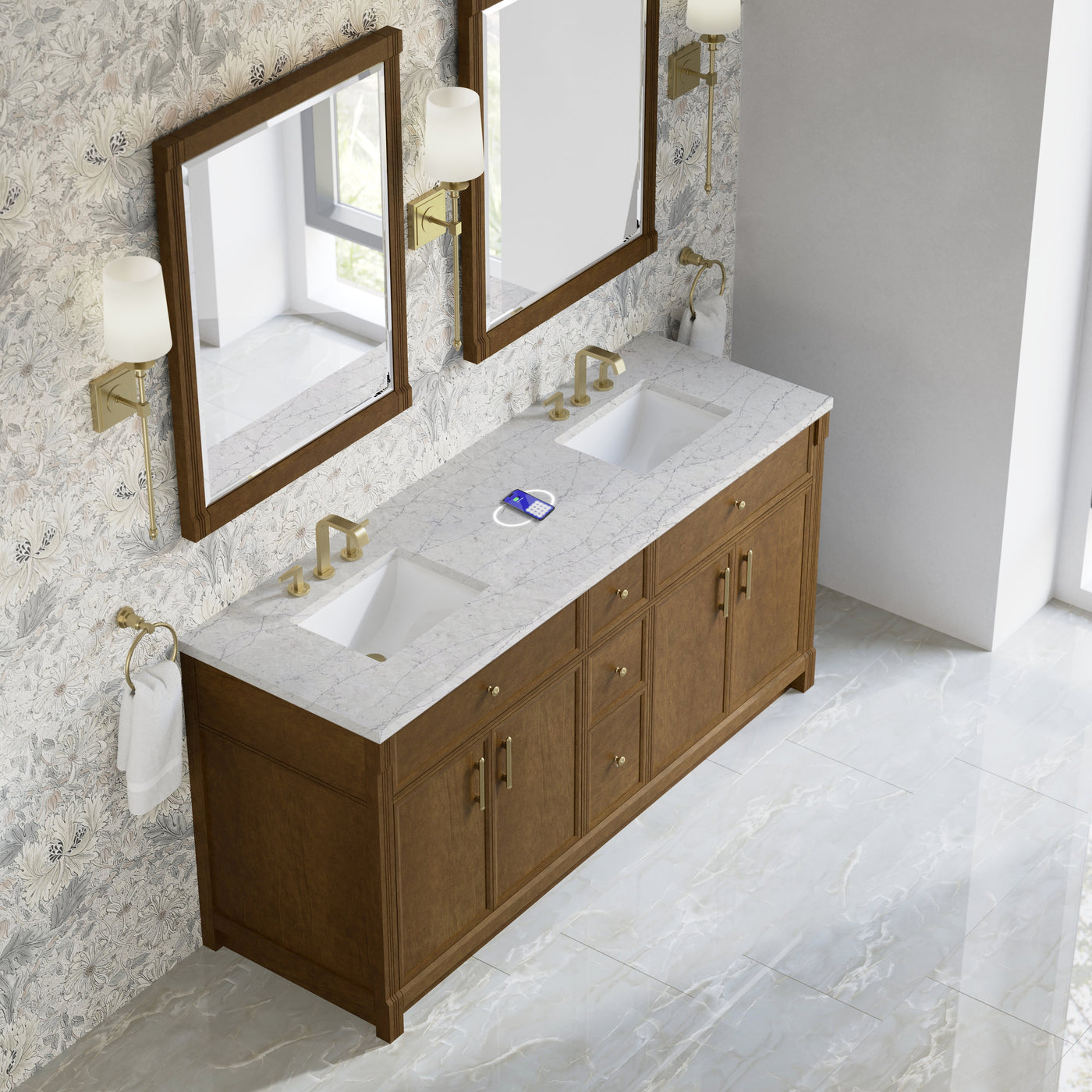 James Martin Bellshire 72" Double Bathroom Vanity, Honey Oak with Eternal Jasmine Pearl (FreePower) countertop